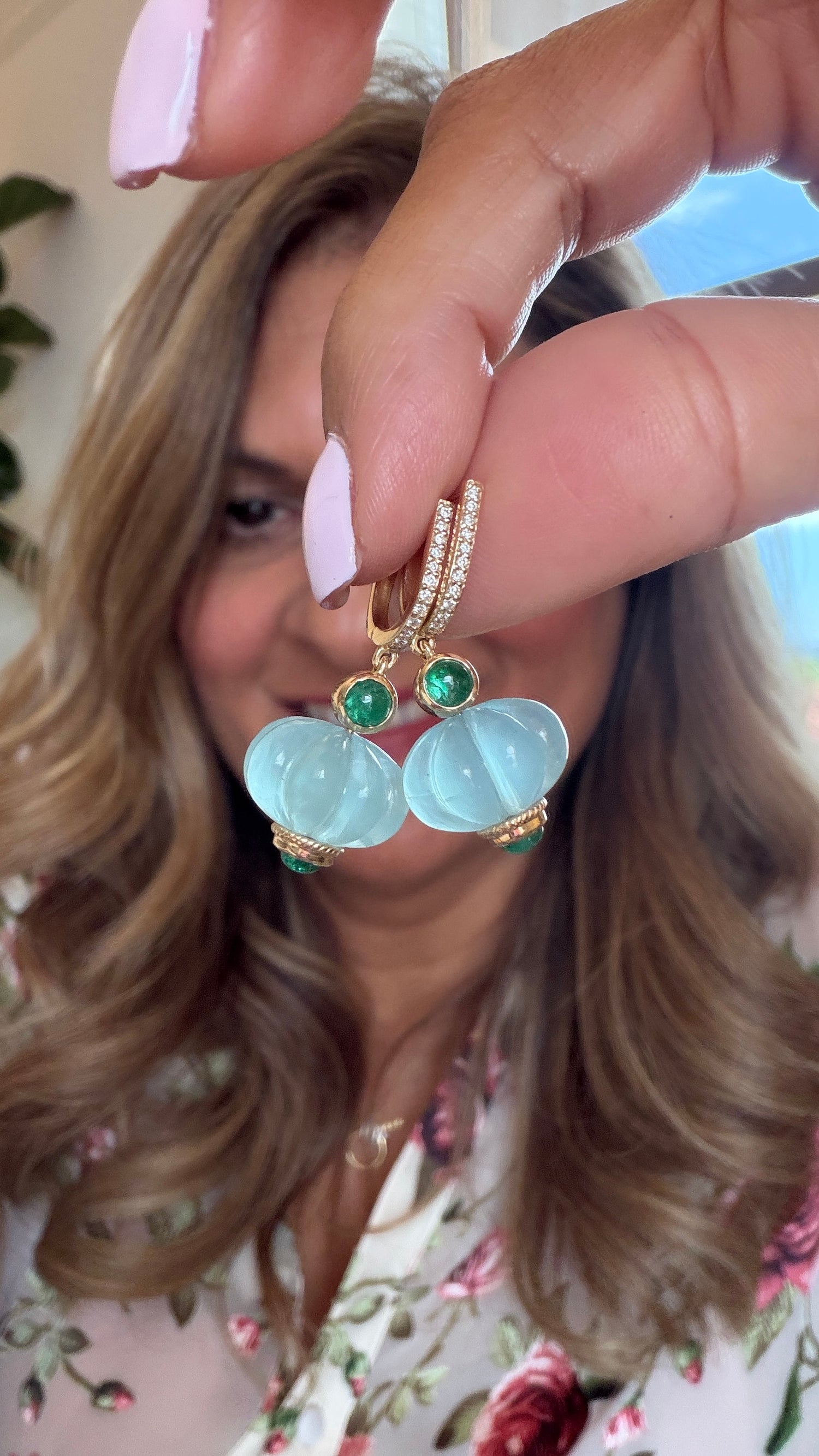 14k Yellow Gold Earrings With Aquamarine And Emerald