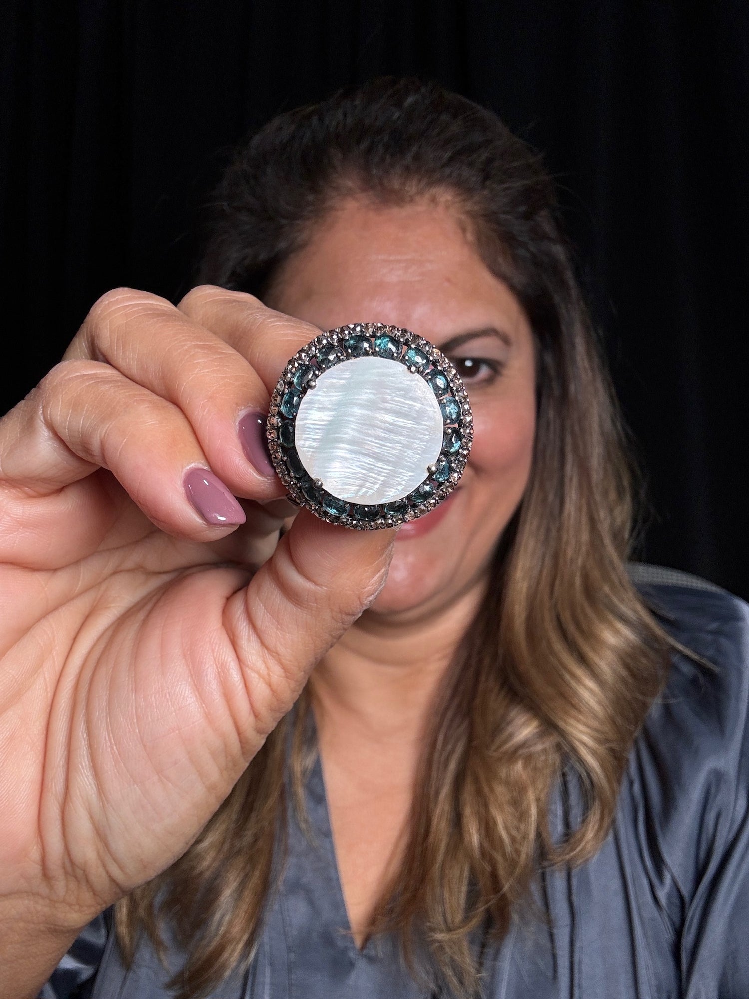 London Blue Topaz and Mother of Pearl and Diamond ring in Sterling Silver by Ulka Rocks