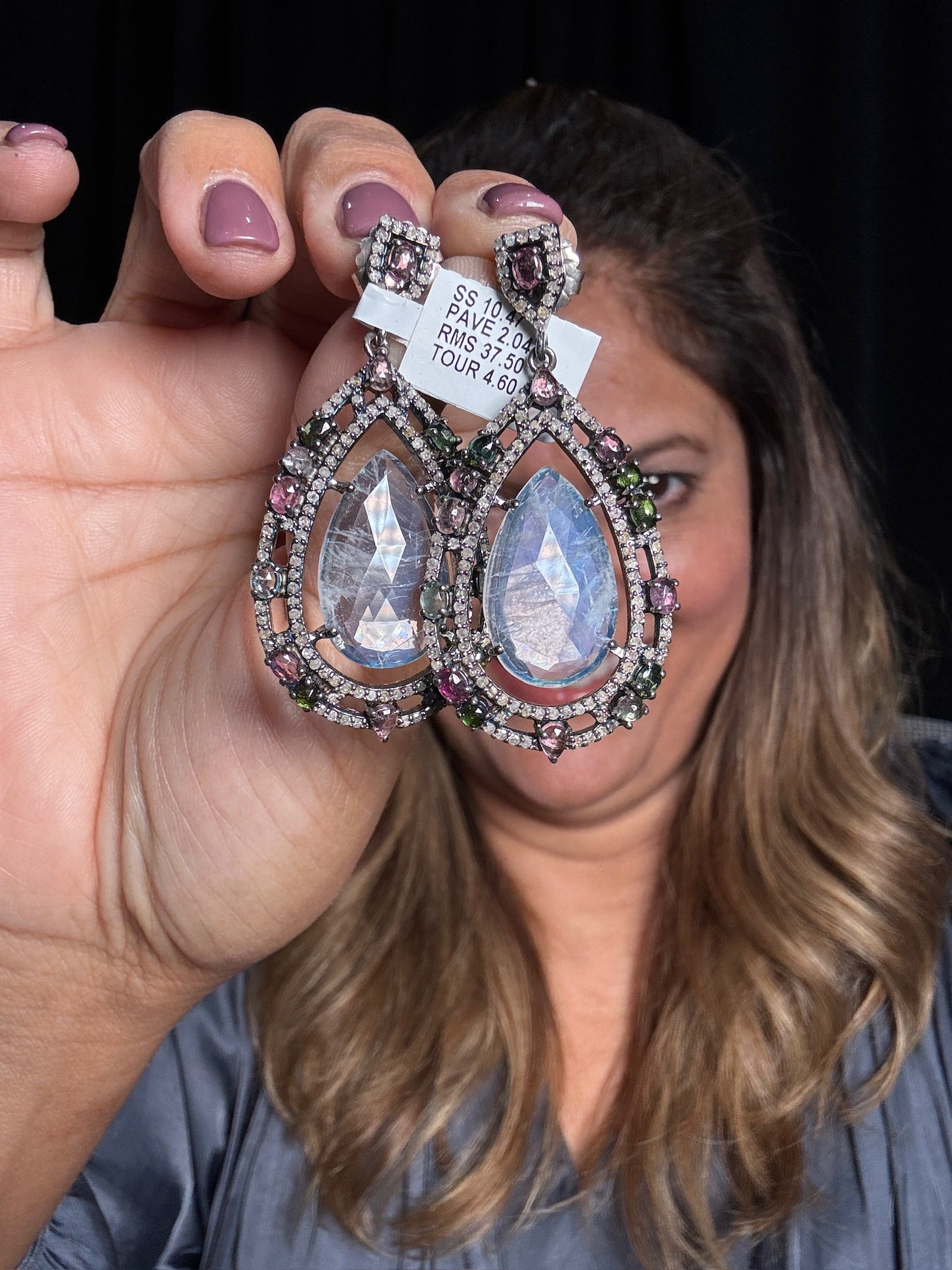 Pink Moonstone and Tourmaline Teardrop Earrings | Ulka Rocks