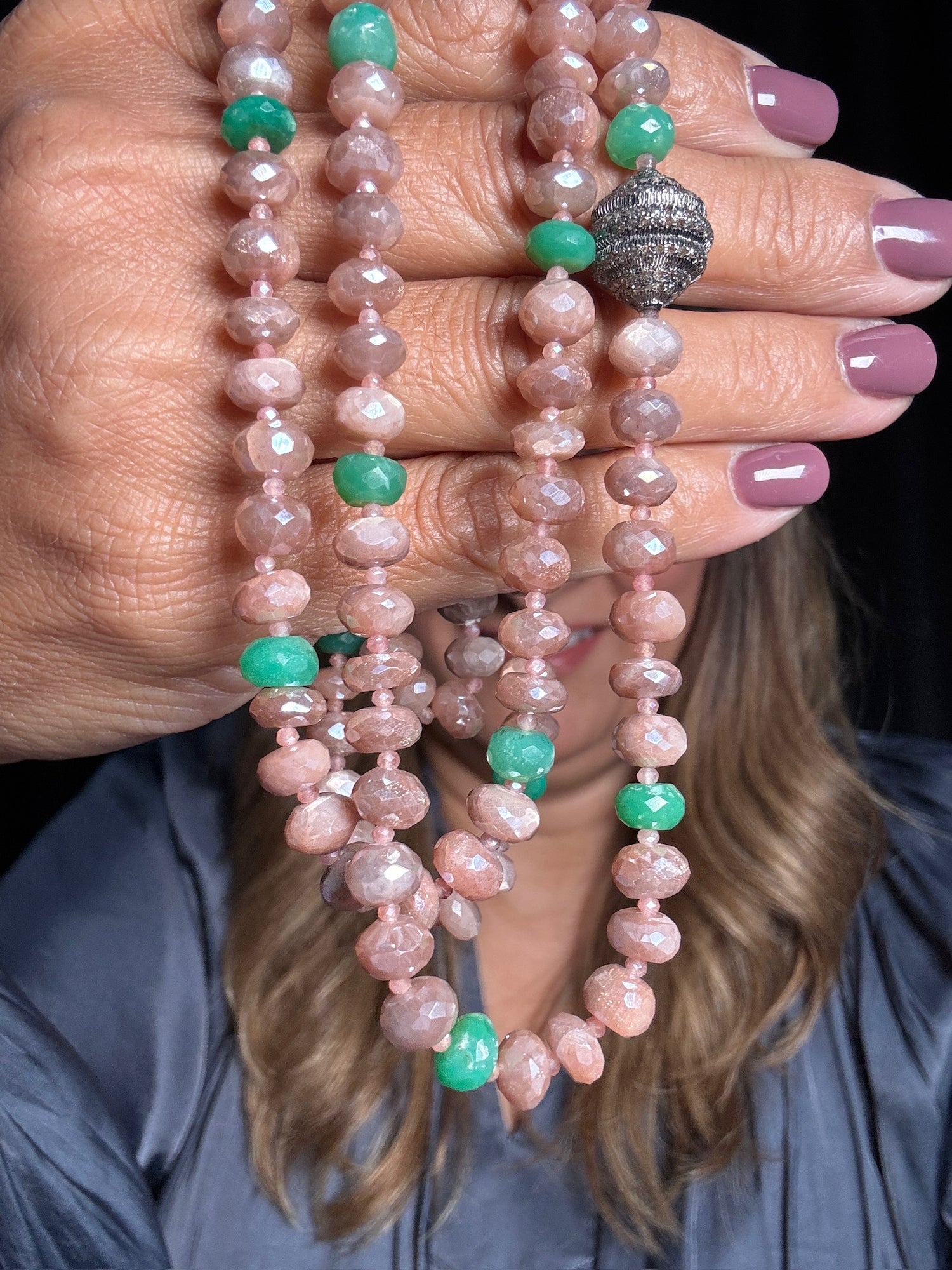 Peach Orange Moonstone and Chrysoprase Necklace | Ulka Rocks