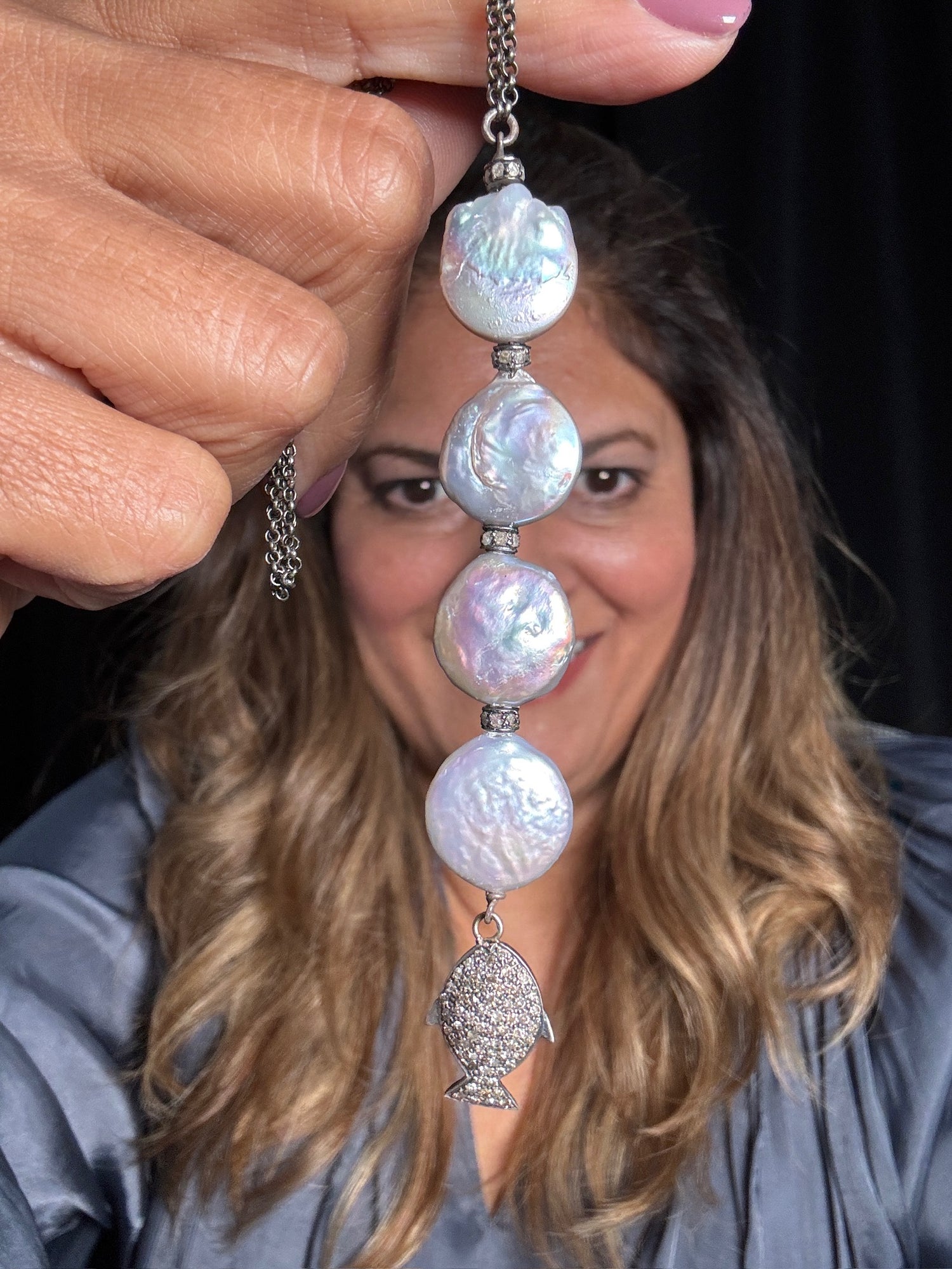 White Pearl and Diamond Fish Necklace | Ulka Rocks
