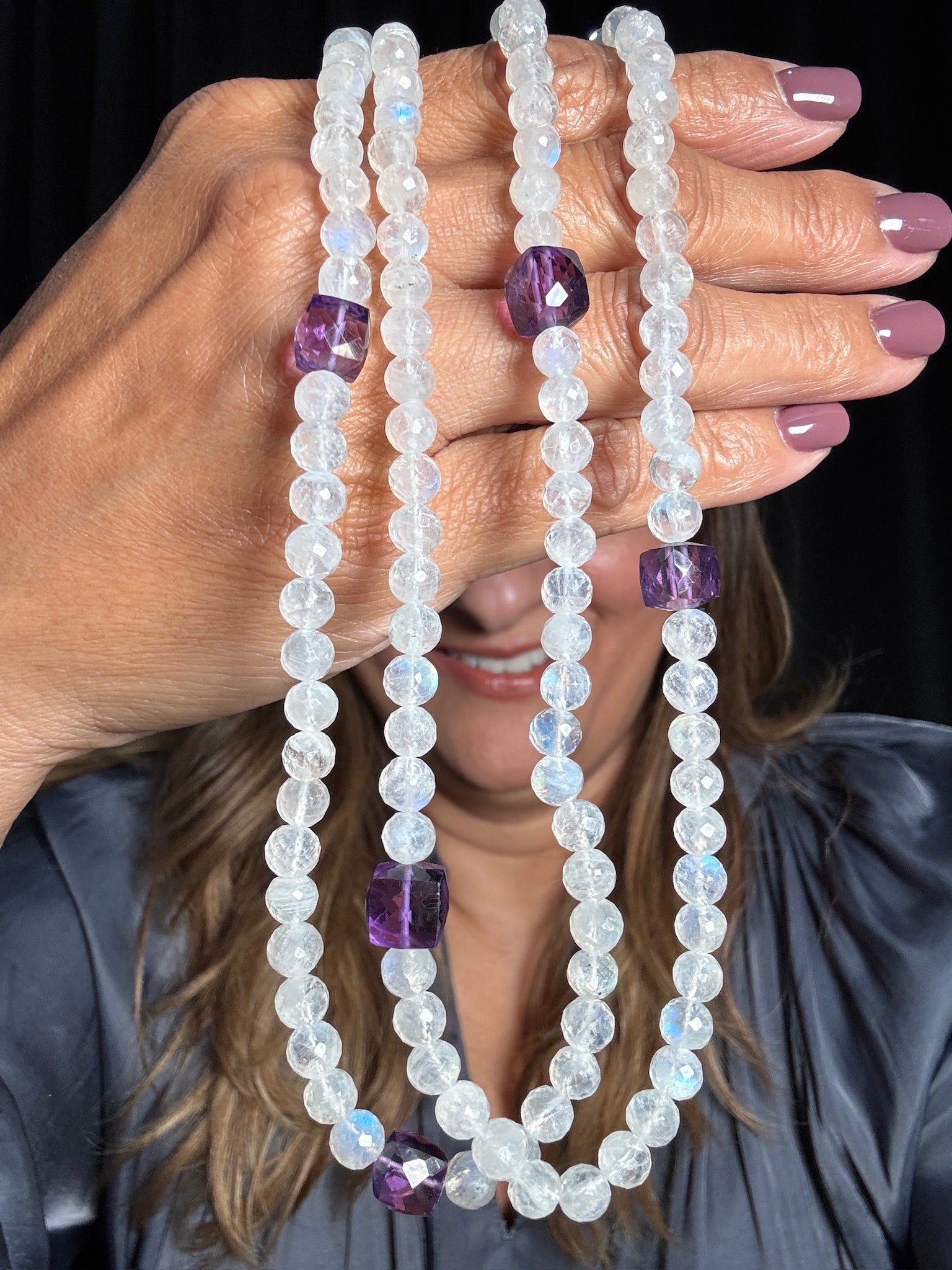 Rainbow Moonstone and Purple Amethyst Necklace | Ulka Rocks
