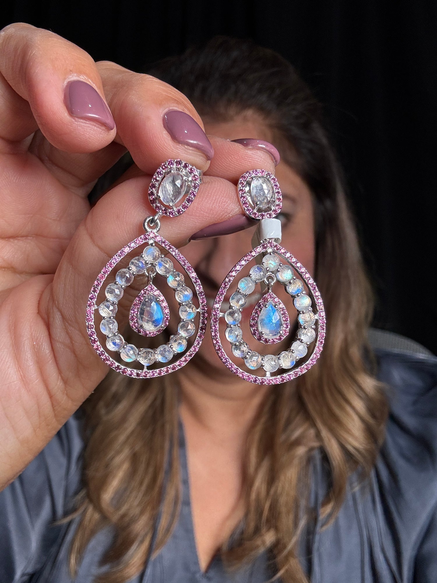 Red Moonstone and Rhodolite Earrings | Ulka Rocks