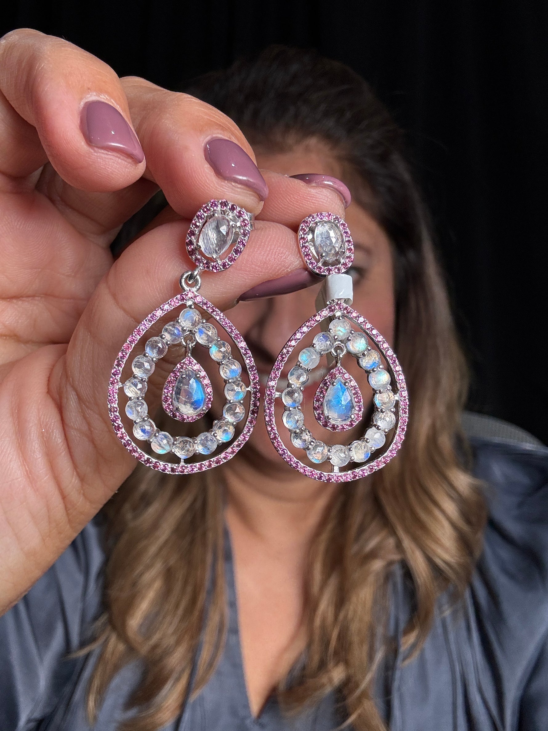 Red Moonstone and Rhodolite Earrings | Ulka Rocks