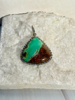 Bi Color Brown and Green Brown Chrysoprase Diamond Halo Pendant | Ulka Rocks