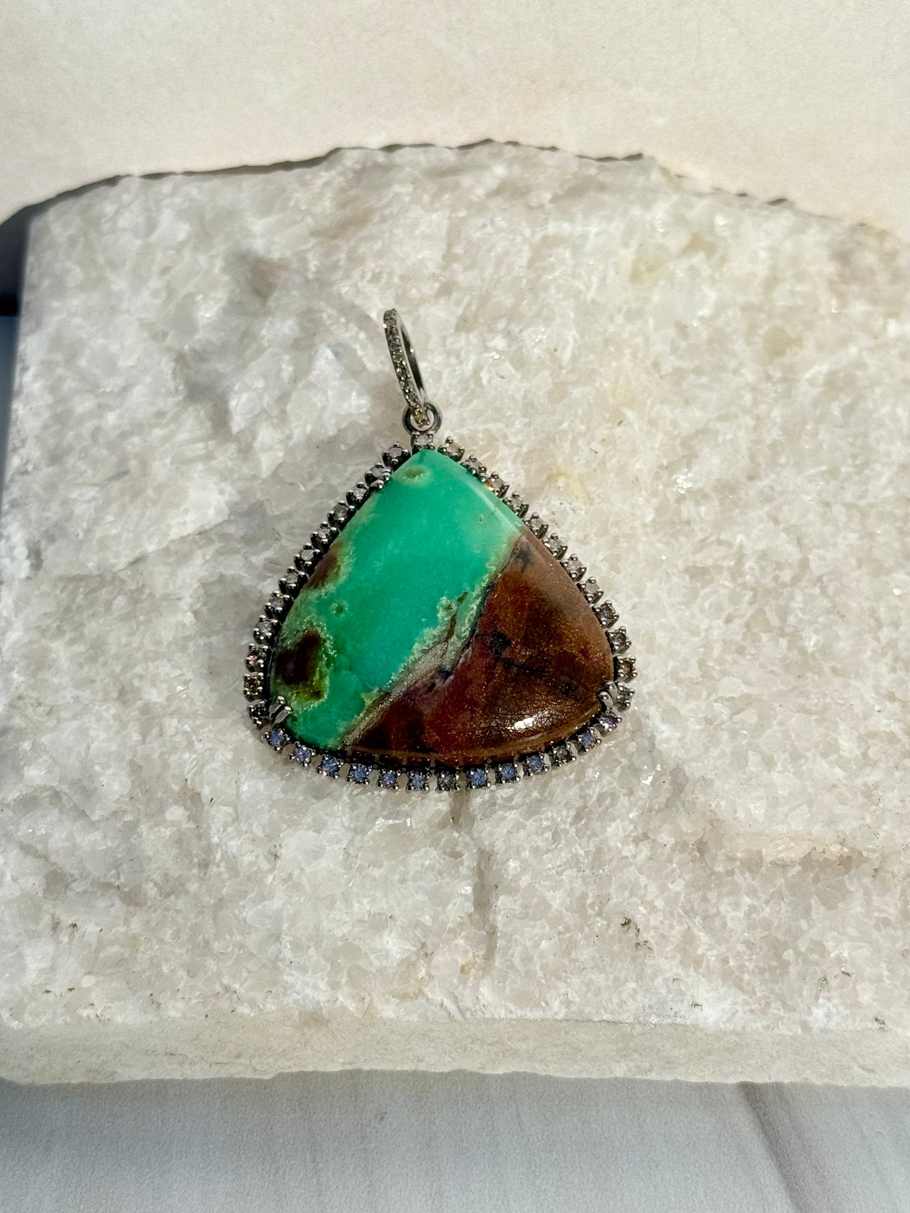 Bi Color Brown and Green Brown Chrysoprase Diamond Halo Pendant | Ulka Rocks