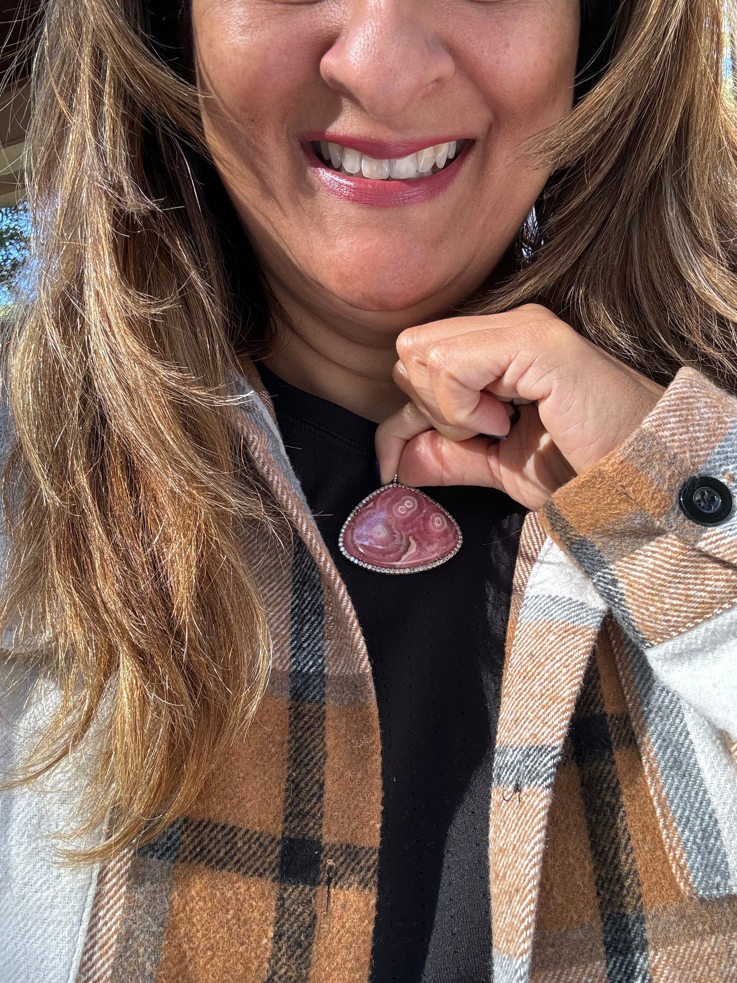Argentine Red Rhodochrosite Diamond Pendant | Ulka Rocks