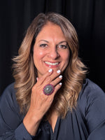 Detail view of Diamond and Labradorite and Ruby ring showing gemstone color and texture
