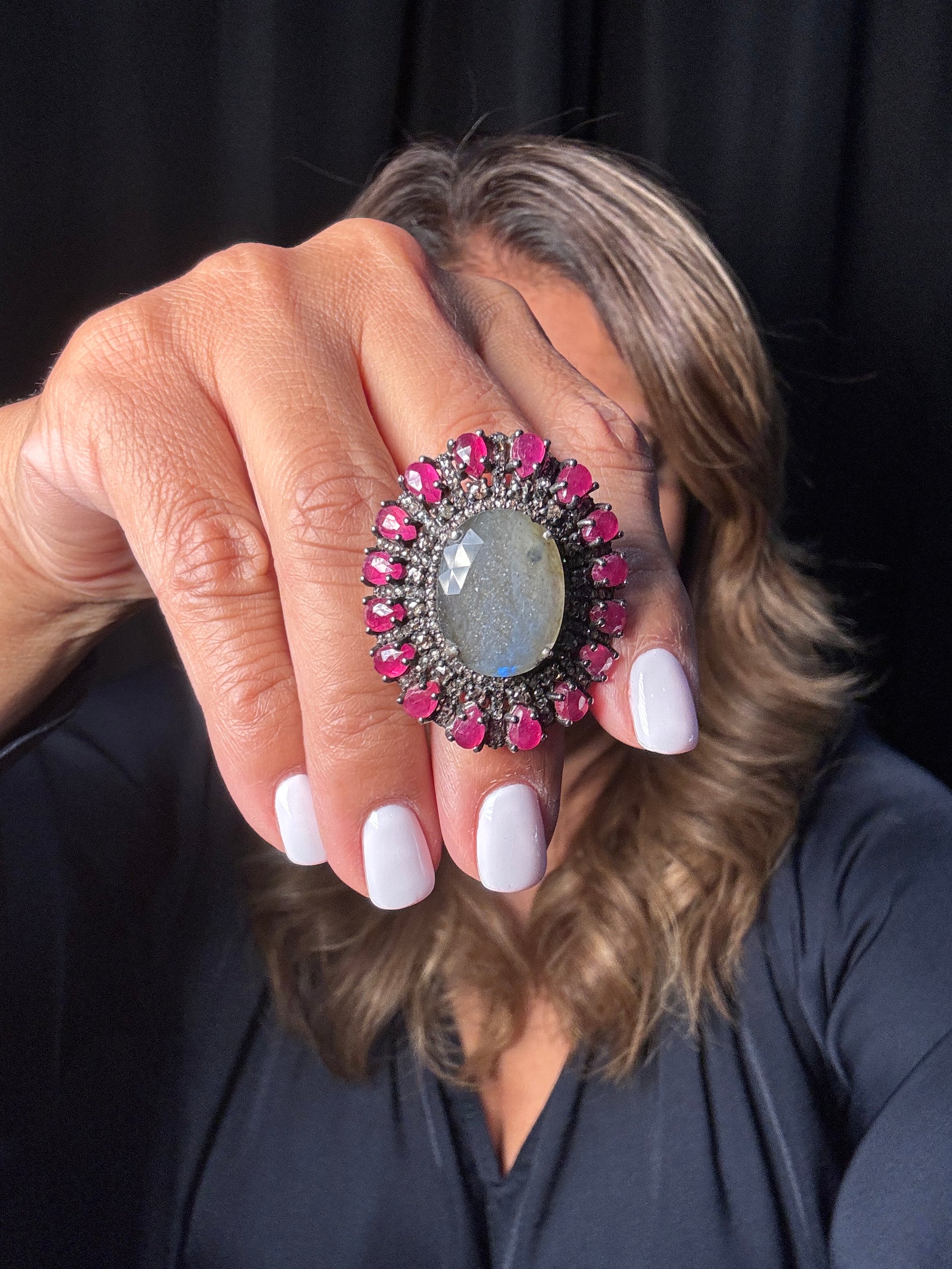 Diamond and Labradorite and Ruby ring in Sterling Silver by Ulka Rocks