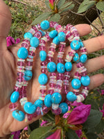 36" Kingman Turquoise & Ethiopian Pink Opal Necklace in Radiant Pink and Blue with Silver Diamond Clasp | Ulka Rocks