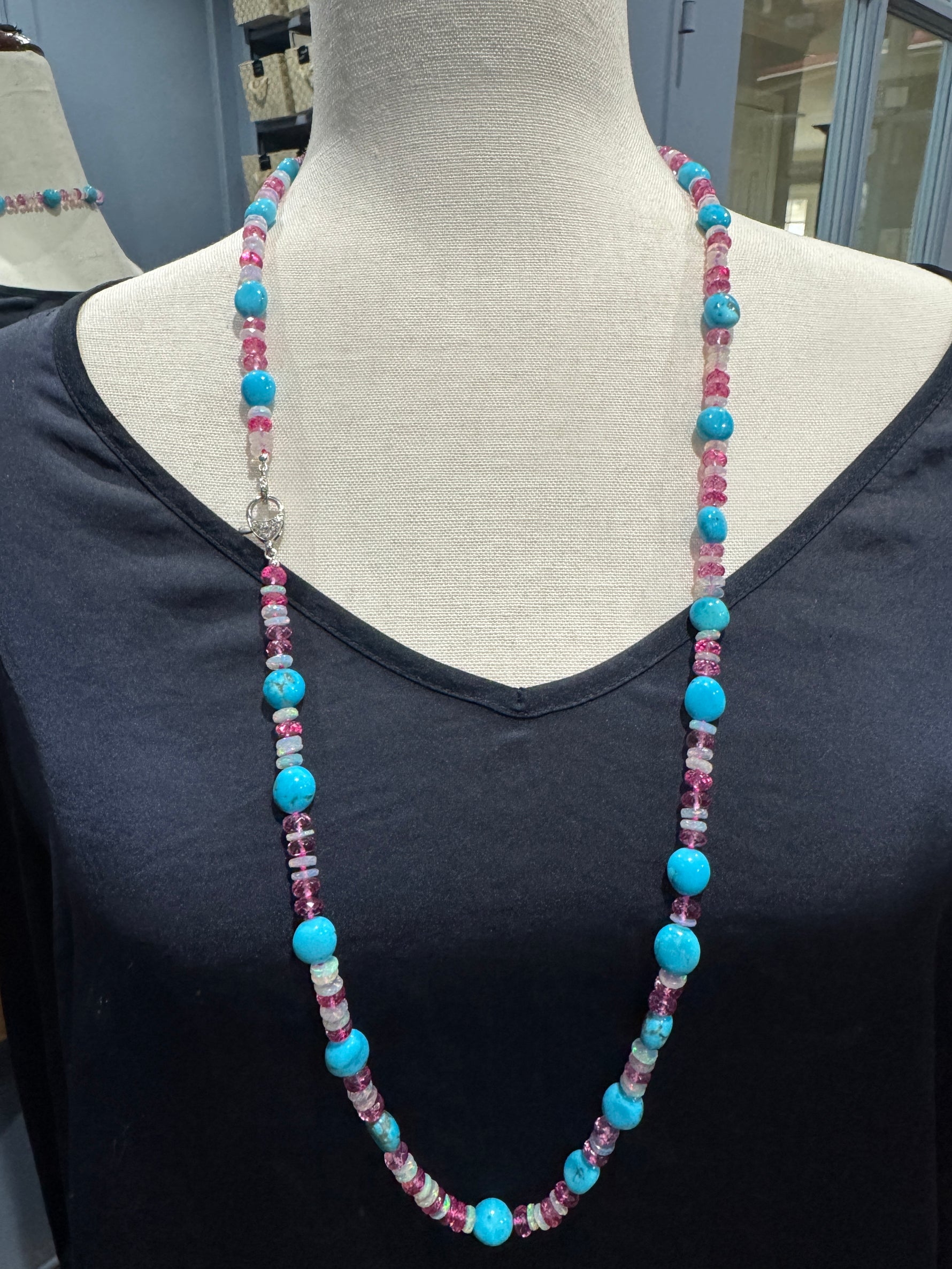 36" Kingman Turquoise & Ethiopian Pink Opal Necklace in Radiant Pink and Blue with Silver Diamond Clasp | Ulka Rocks