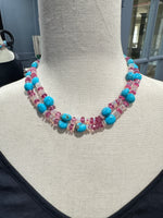 36" Kingman Turquoise & Ethiopian Pink Opal Necklace in Radiant Pink and Blue with Silver Diamond Clasp | Ulka Rocks