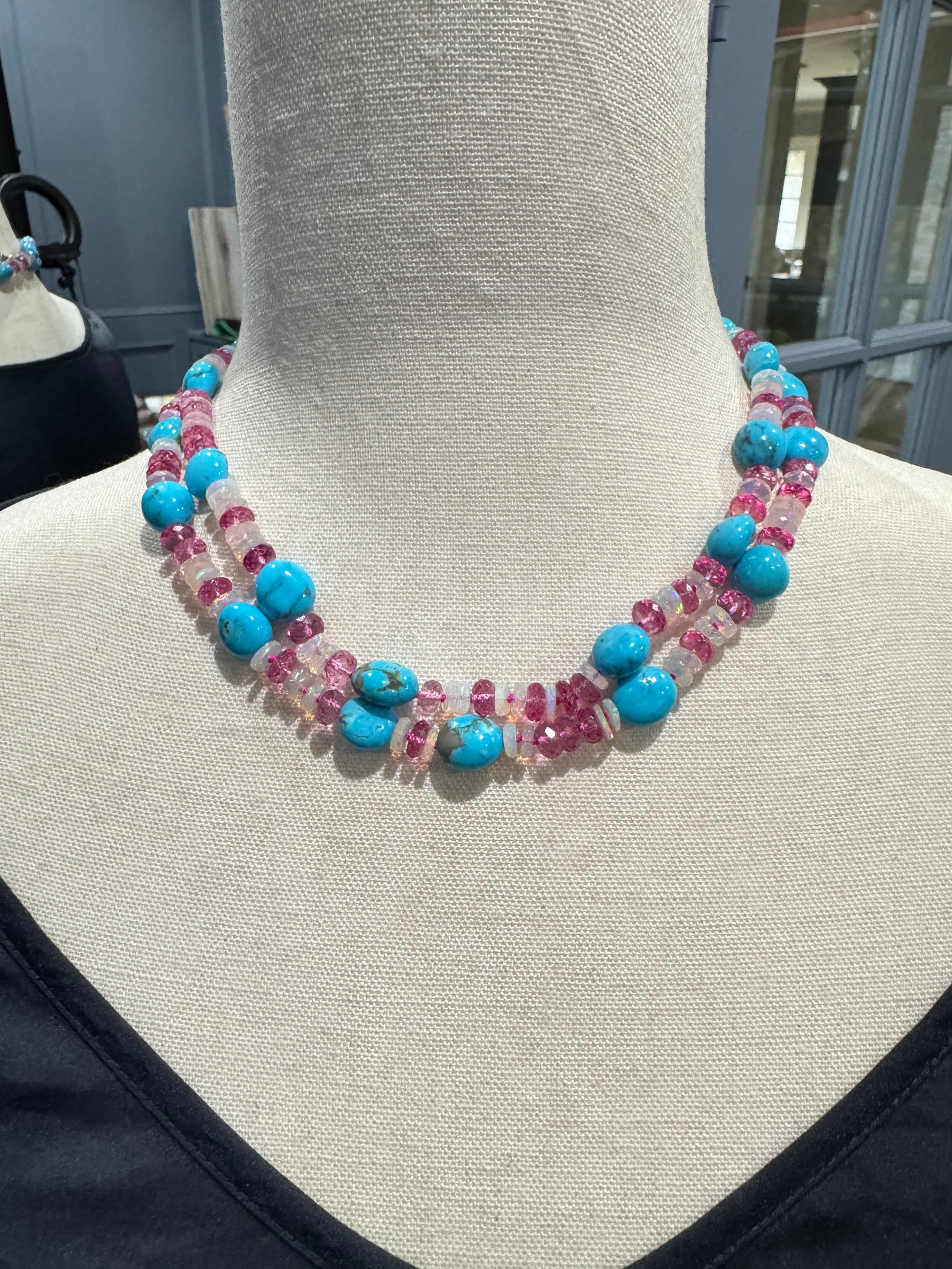 36" Kingman Turquoise & Ethiopian Pink Opal Necklace in Radiant Pink and Blue with Silver Diamond Clasp | Ulka Rocks