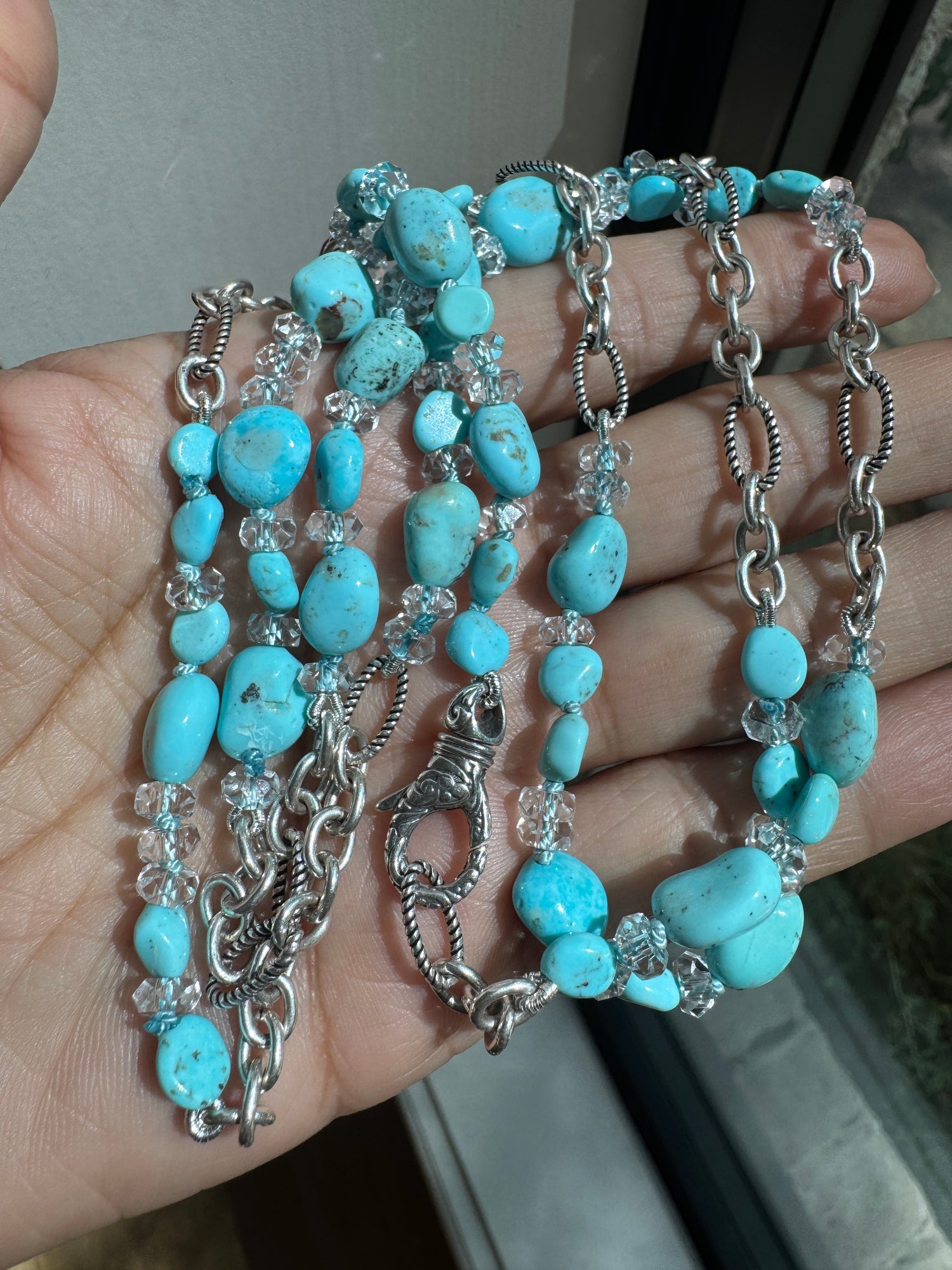 36" Sonoran Green Turquoise & Herkimer Diamond Necklace with Unique Sterling Silver Chain and Clasp | Ulka Rocks