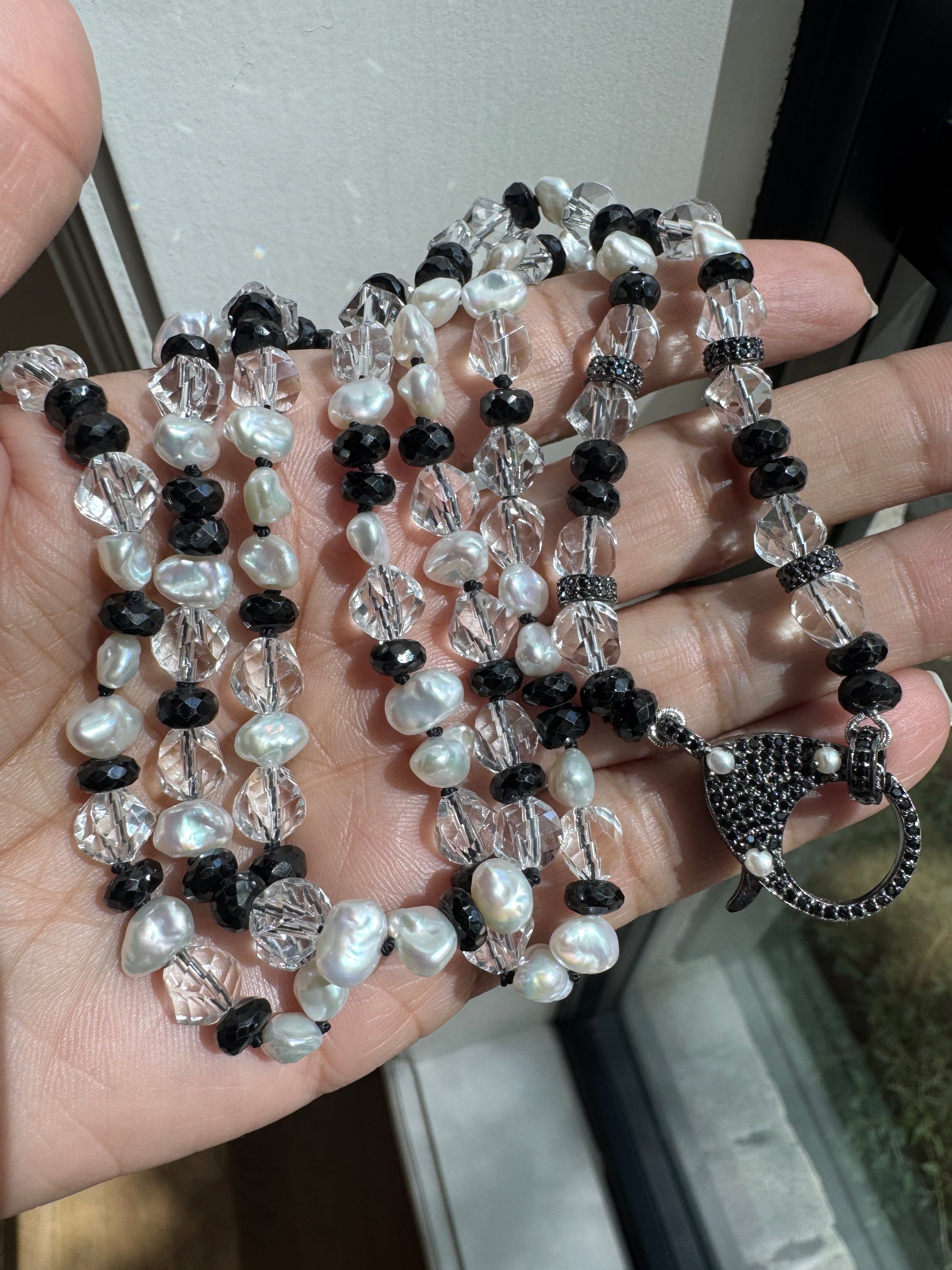36" Herkimer Quartz, Keshi Black Pearls & Black Spinel Necklace with One-of-a-kind Black Spinel and Pearl Clasp | Ulka Rocks