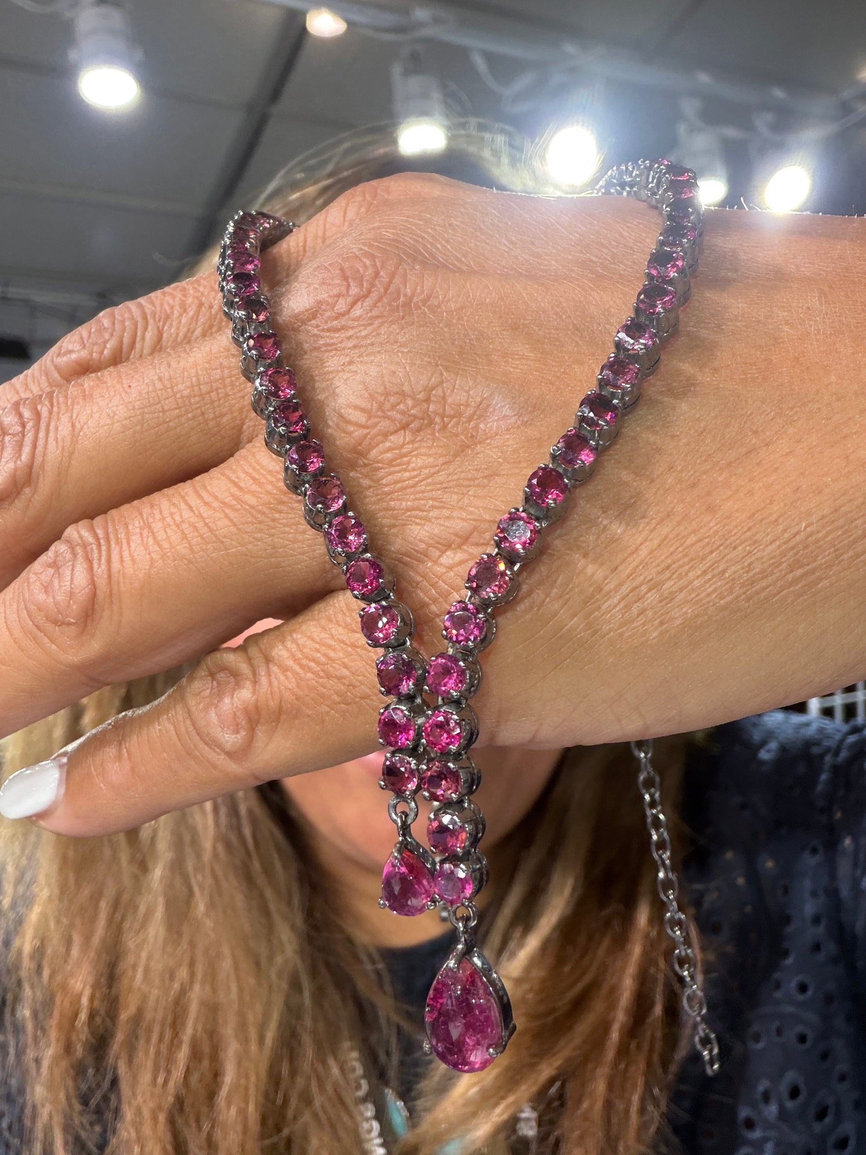 Diamond and Tourmaline necklace alternate angle showing natural stone variation