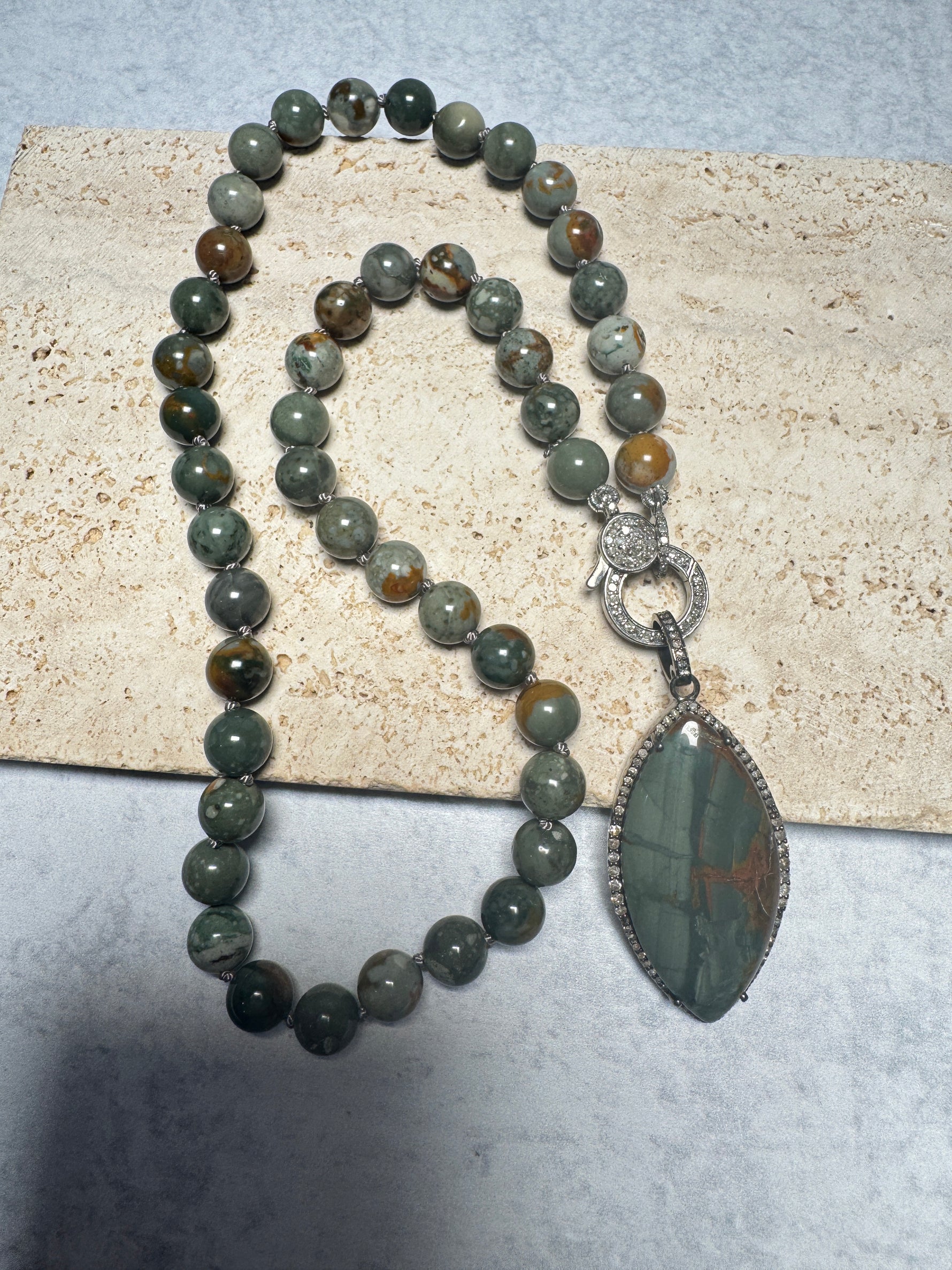 Diamond and Jasper necklace pendant combo alternate angle showing natural stone variation