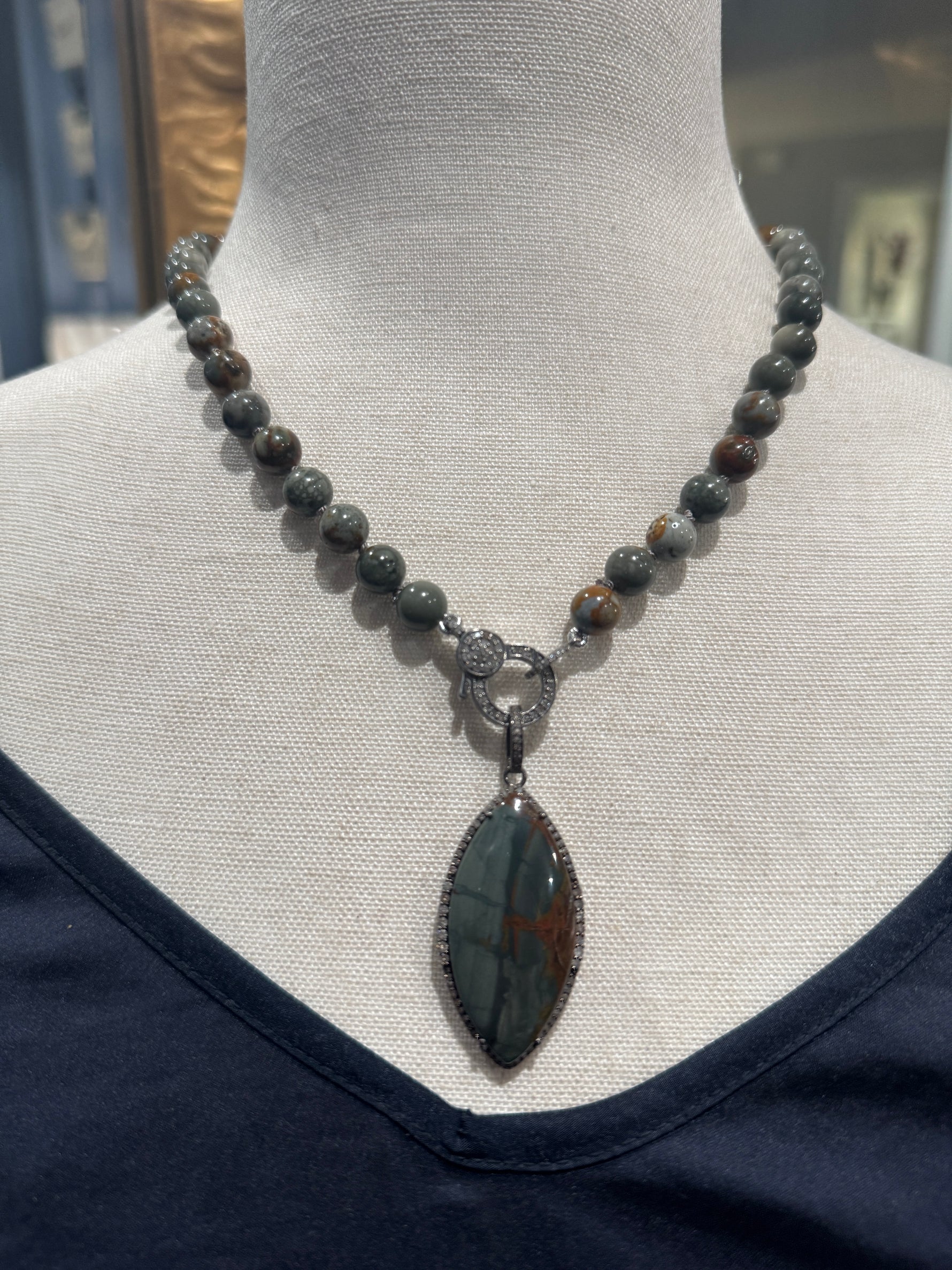Diamond and Jasper necklace pendant combo styled for wear showing scale and drape