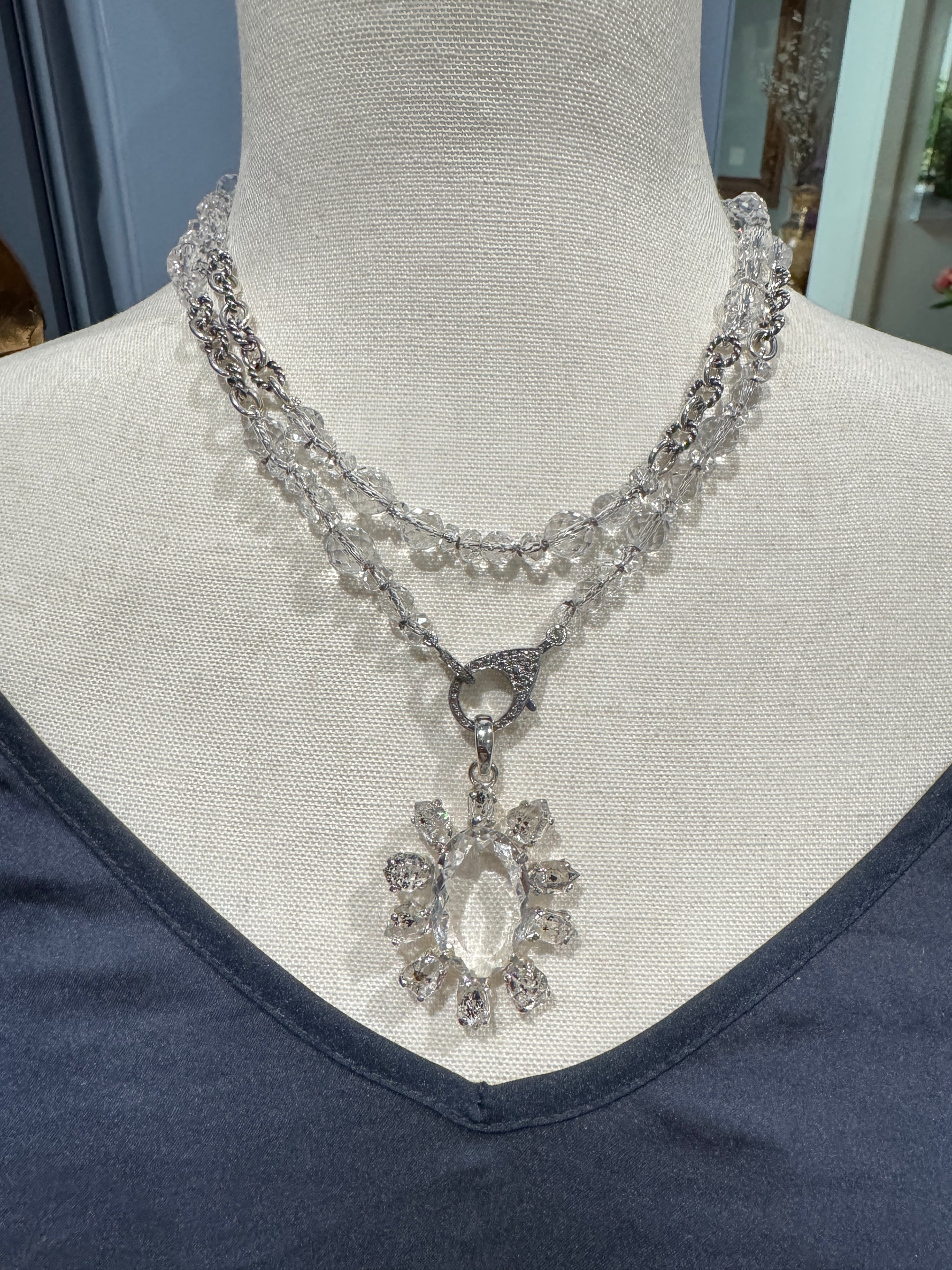 35" Herkimer Diamond & Sterling Silver Chain Necklace with Diamond Clasp | Ulka Rocks