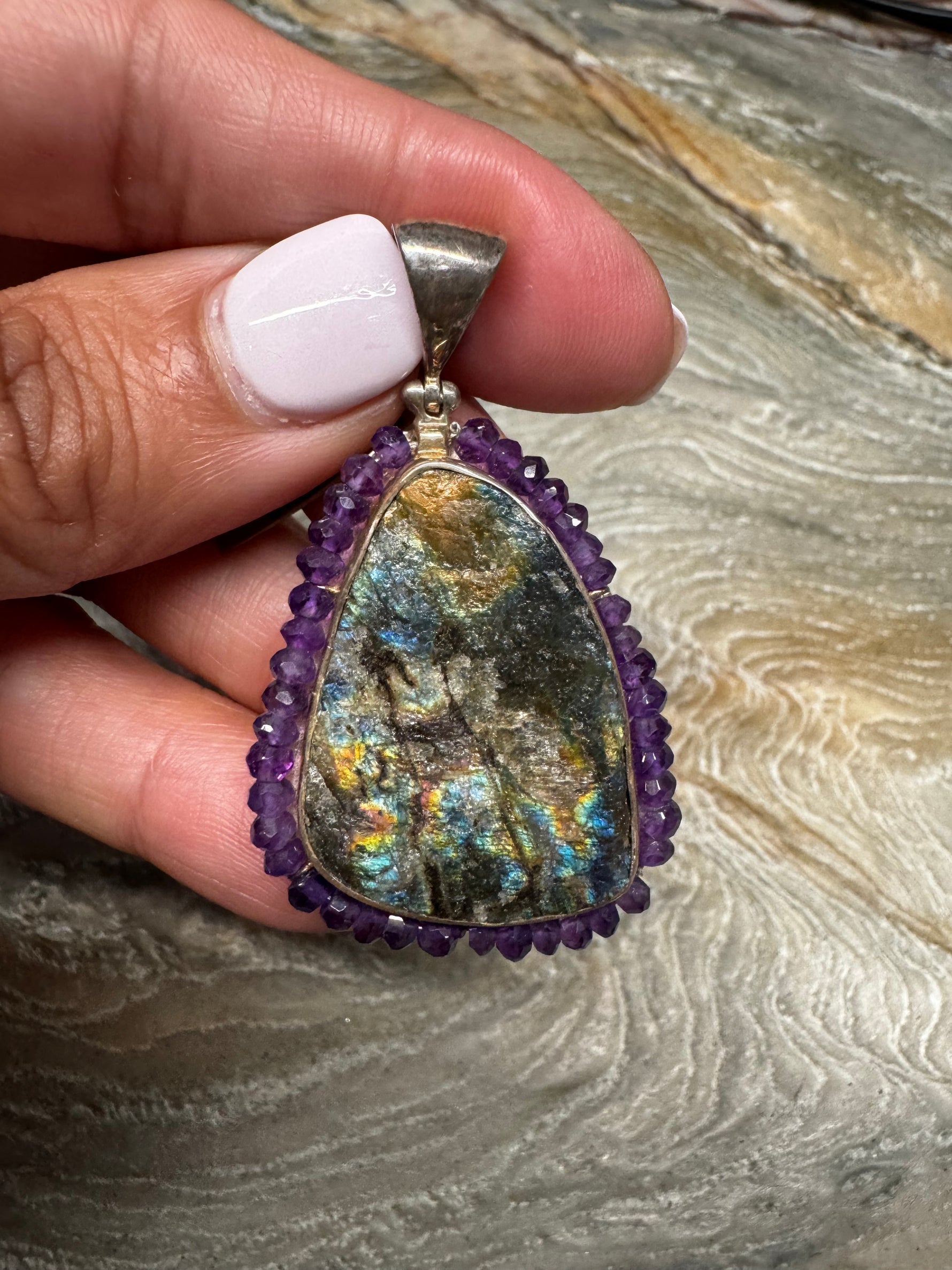 Sterling Silver Pendant - Raw Labradorite and Amethyst | Ulka Rocks