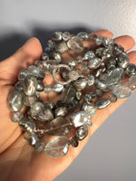 36" Copper Gray Aquamarine & Tahitian Keshi Pearl Necklace in Ocean Blues with Silver Diamond Clasp | Ulka Rocks
