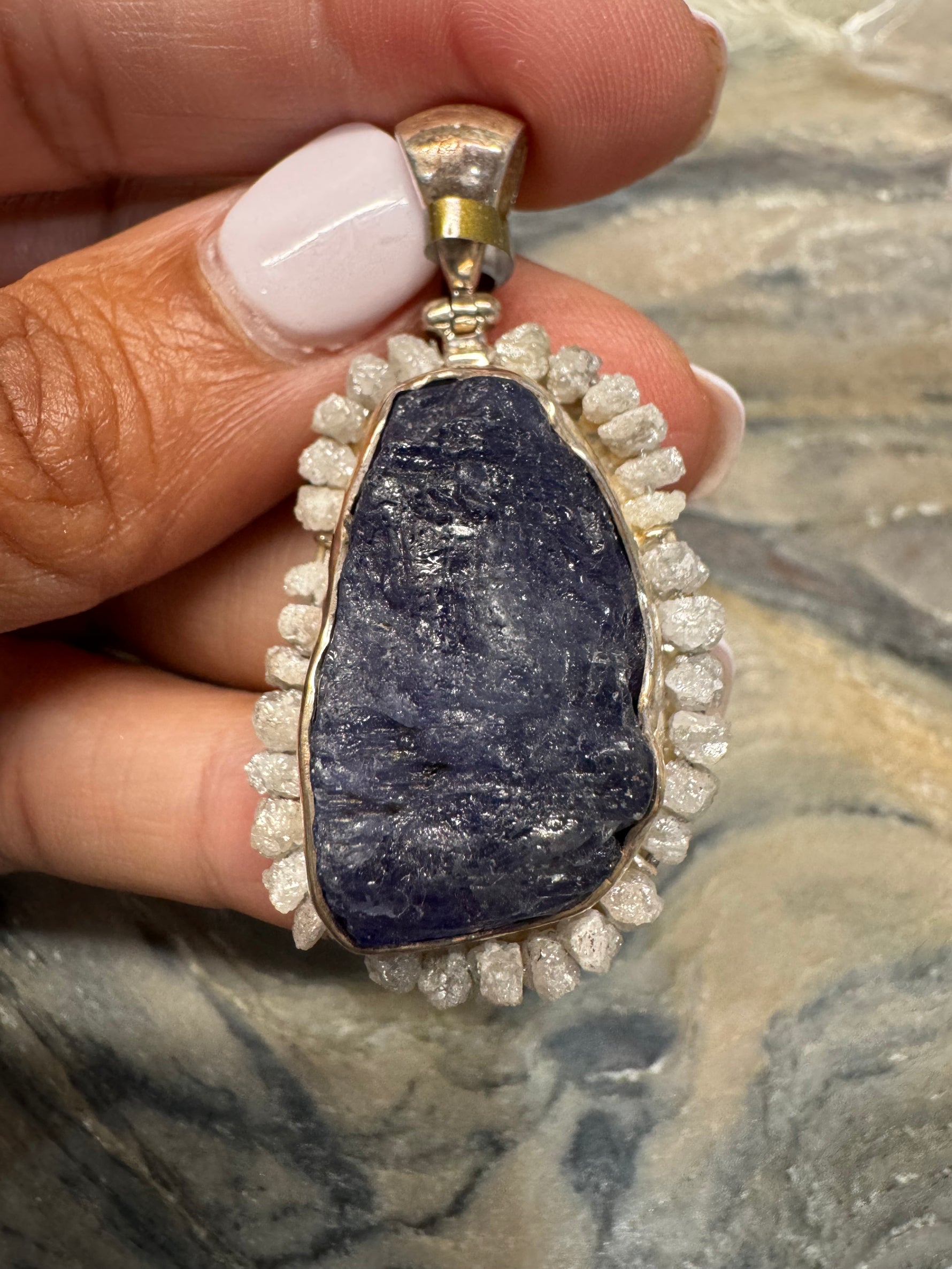 Sterling Silver Pendant - Raw Tanzanite and Raw Diamonds | Ulka Rocks