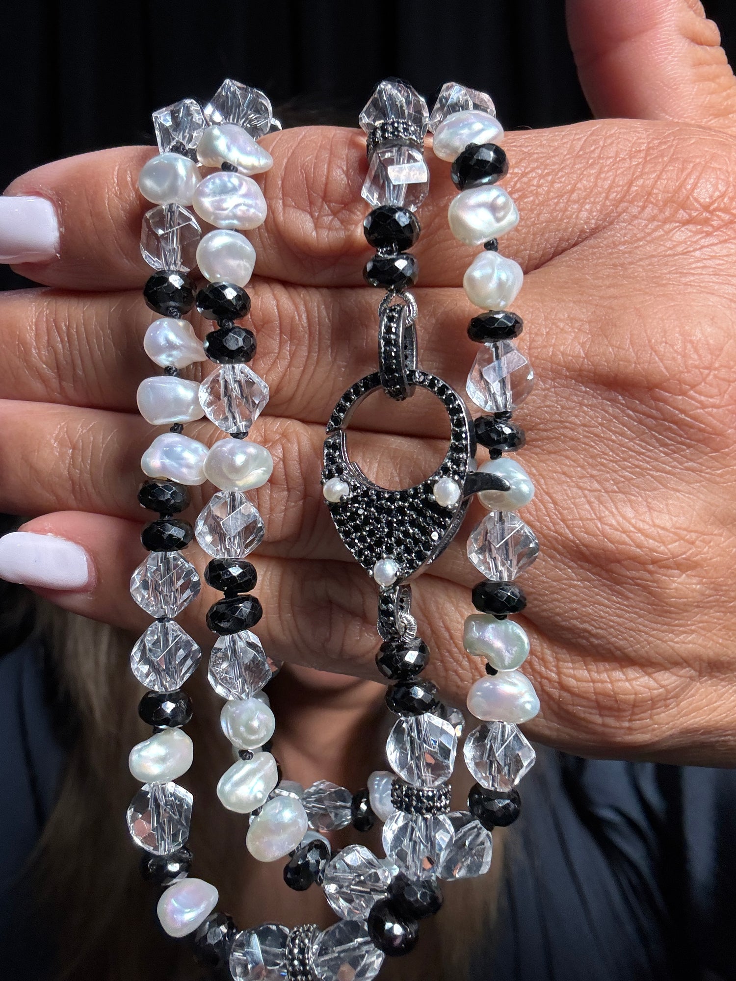 36" Herkimer Quartz, Keshi Black Pearls & Black Spinel Necklace with One-of-a-kind Black Spinel and Pearl Clasp | Ulka Rocks