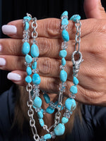 36" Sonoran Green Turquoise & Herkimer Diamond Necklace with Unique Sterling Silver Chain and Clasp | Ulka Rocks