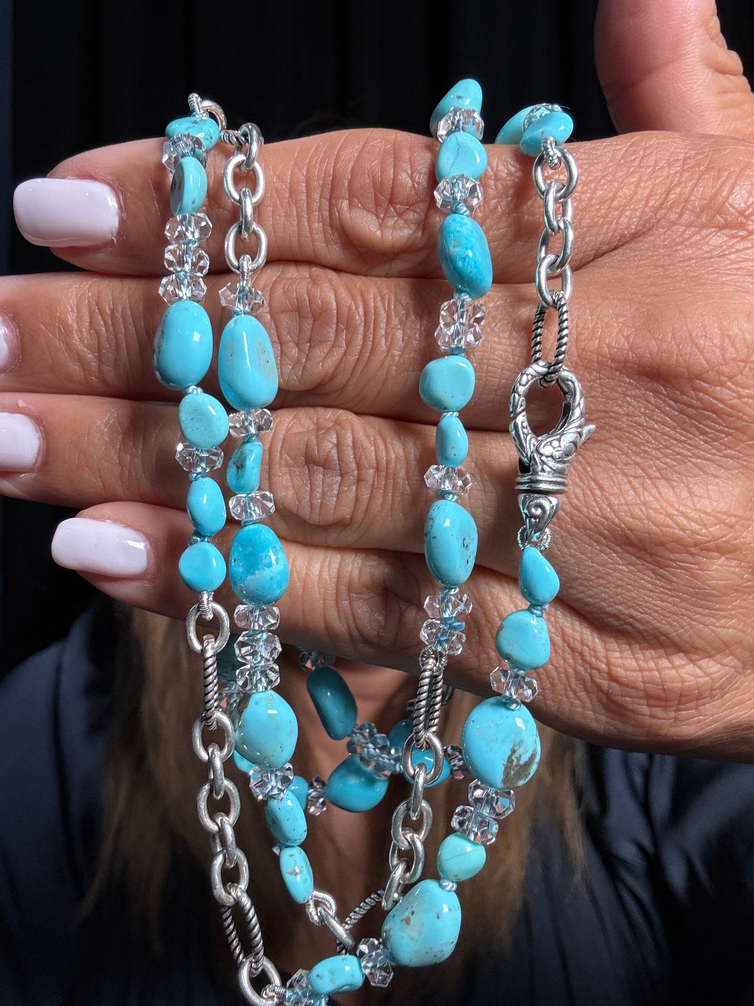 36" Sonoran Green Turquoise & Herkimer Diamond Necklace with Unique Sterling Silver Chain and Clasp | Ulka Rocks