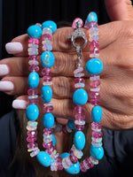 36" Kingman Turquoise & Ethiopian Pink Opal Necklace in Radiant Pink and Blue with Silver Diamond Clasp | Ulka Rocks