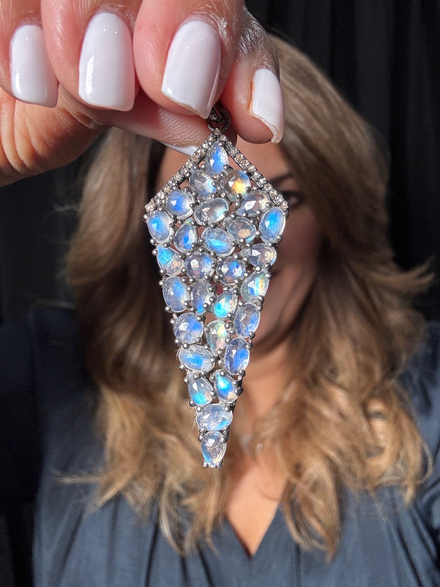 Rainbow Blue Moonstone Shield Pendant | Ulka Rocks