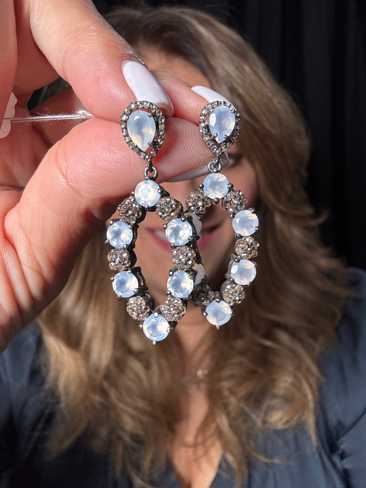 Chalcedony and Diamond earrings in Sterling Silver by Ulka Rocks