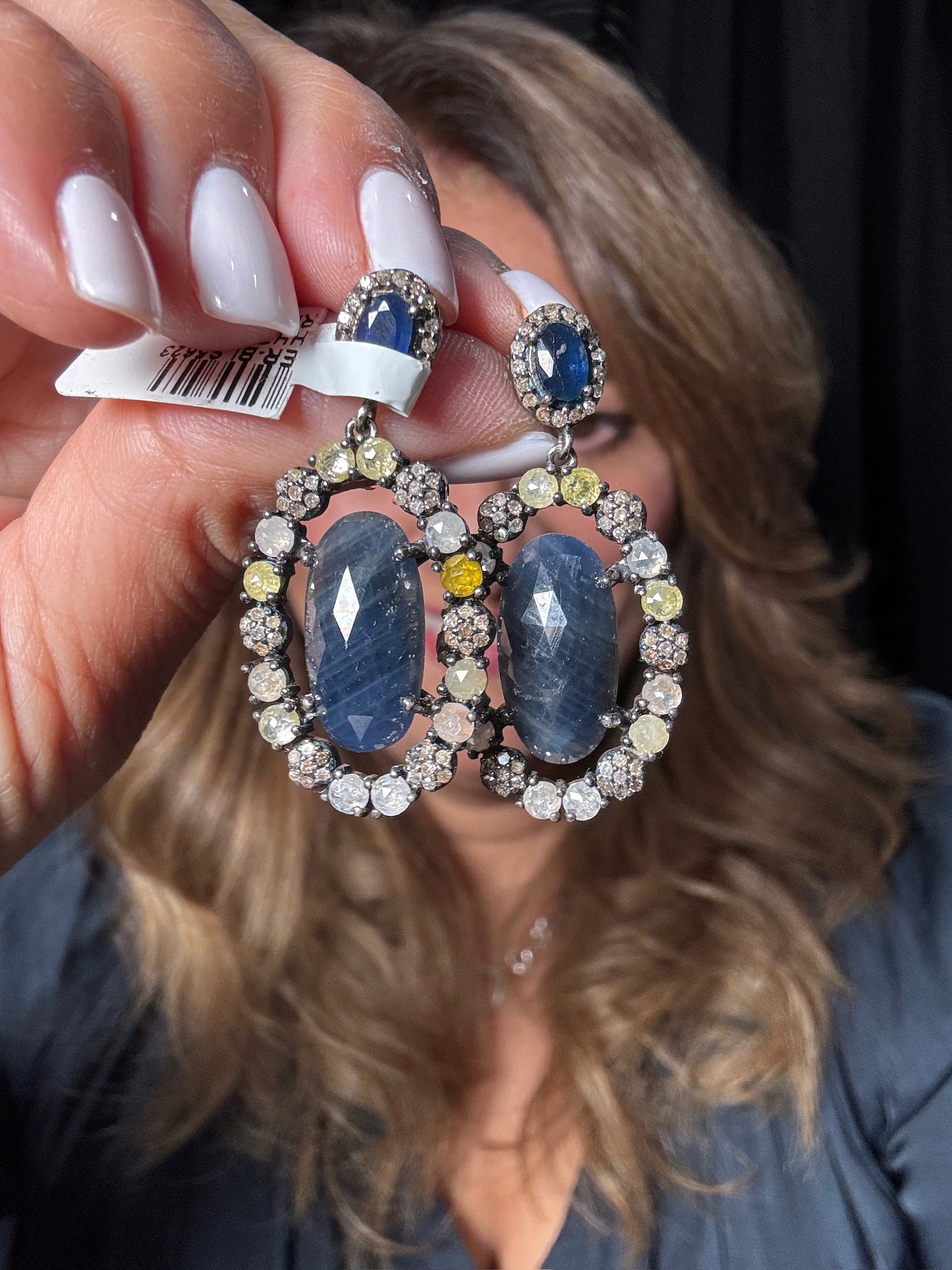 Blue Sapphire and Colored Diamond Earrings | Ulka Rocks
