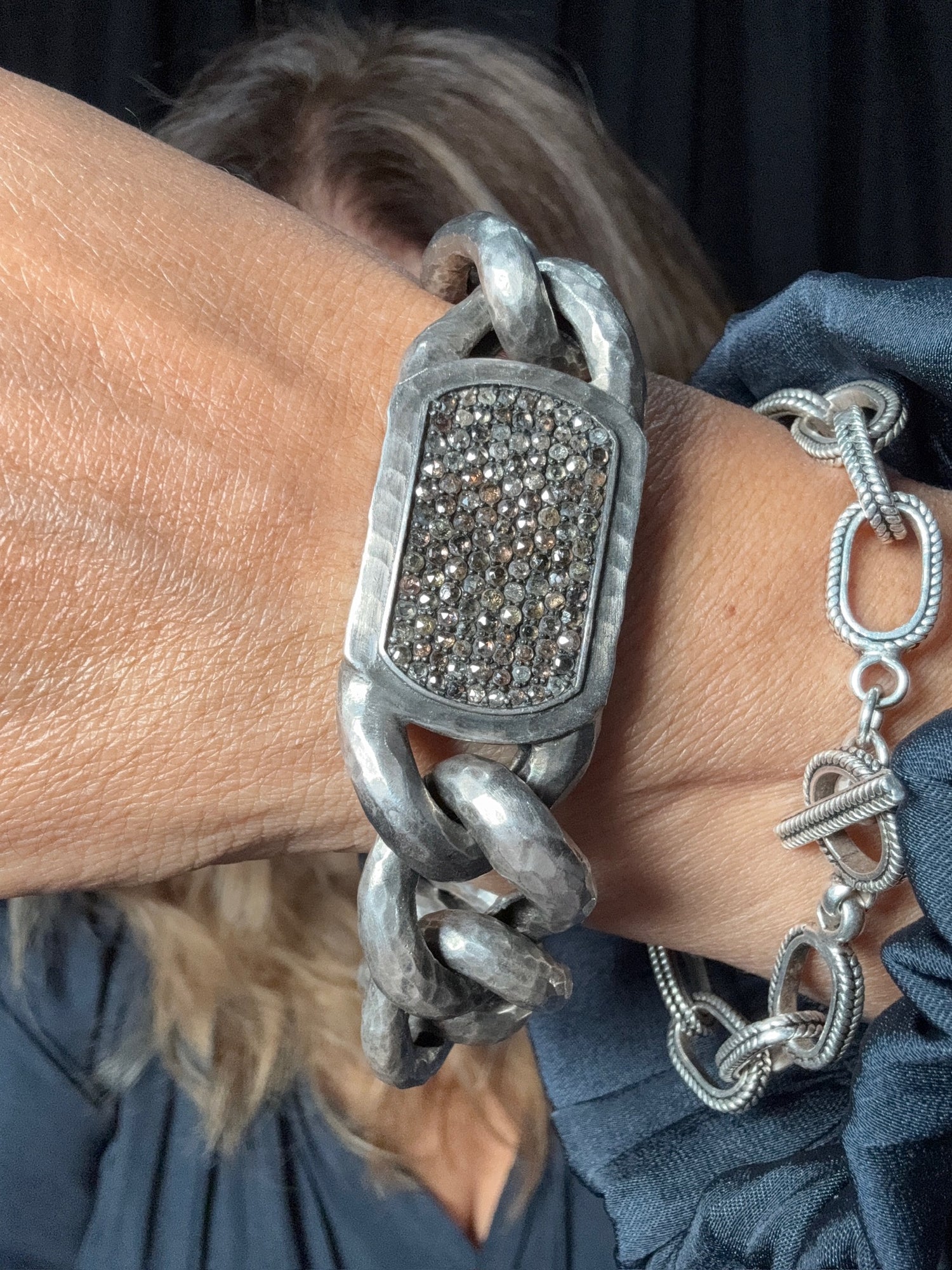 Hammered Silver Chain Bracelet with Colored Diamond Dog Tag | Ulka Rocks