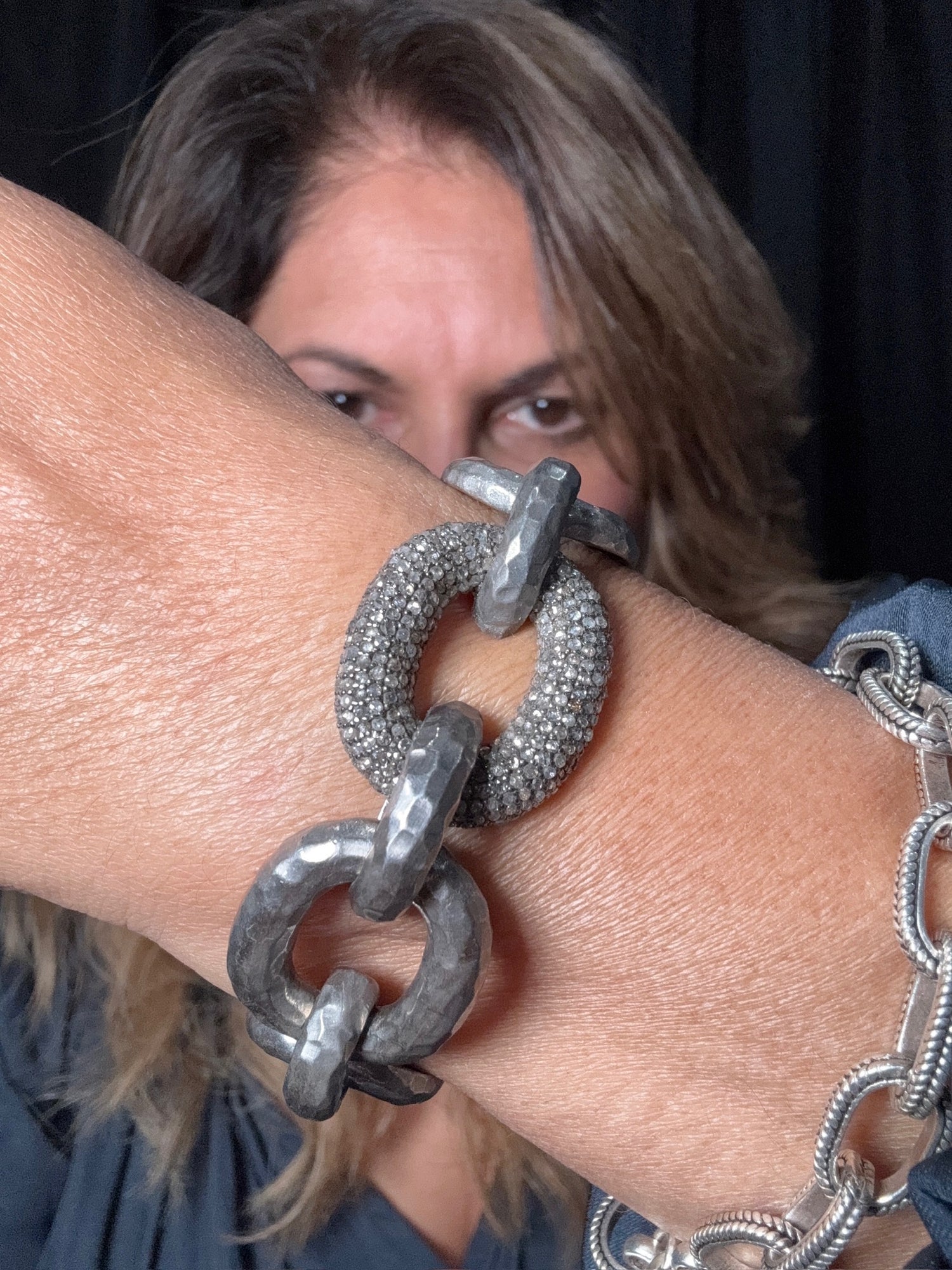 Hammered Silver and Diamond Chain Bracelet | Ulka Rocks
