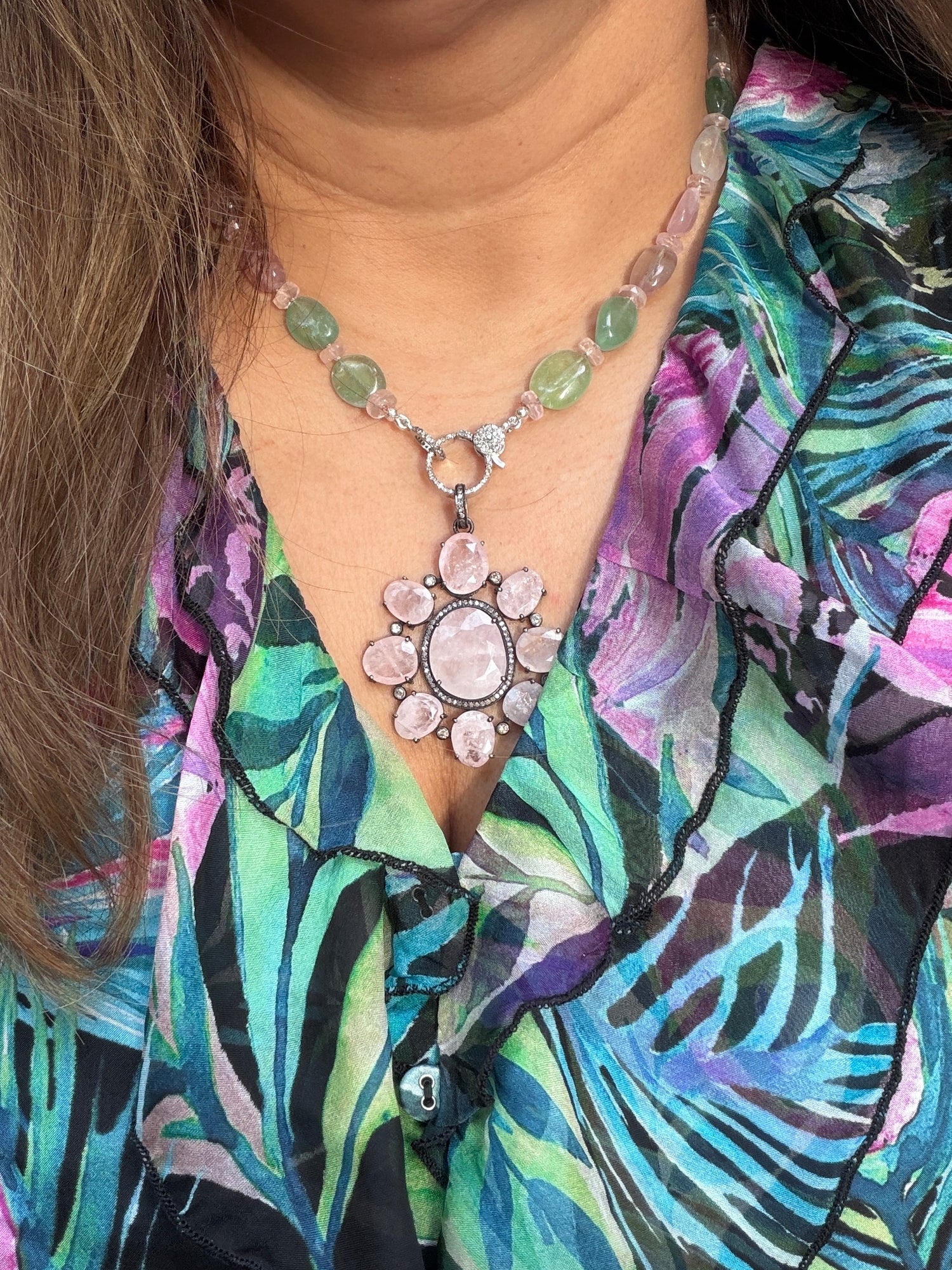 18" Afghan Tourmaline Necklace & Morganite Flower Pendant | Work to Play Jewelry | Feel Pretty and Unique