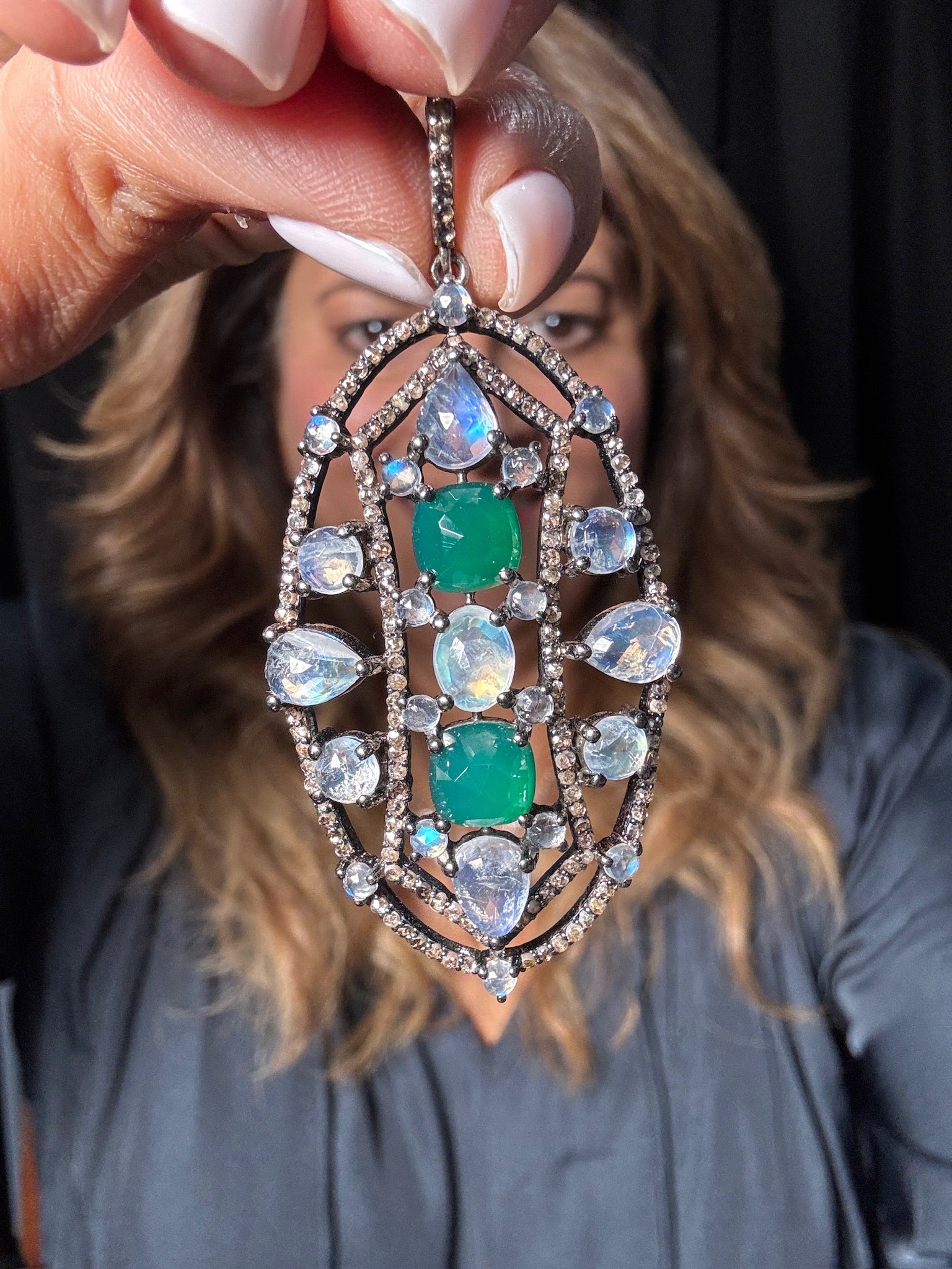 Green Onyx and Rainbow Green Moonstone Pendant | Ulka Rocks