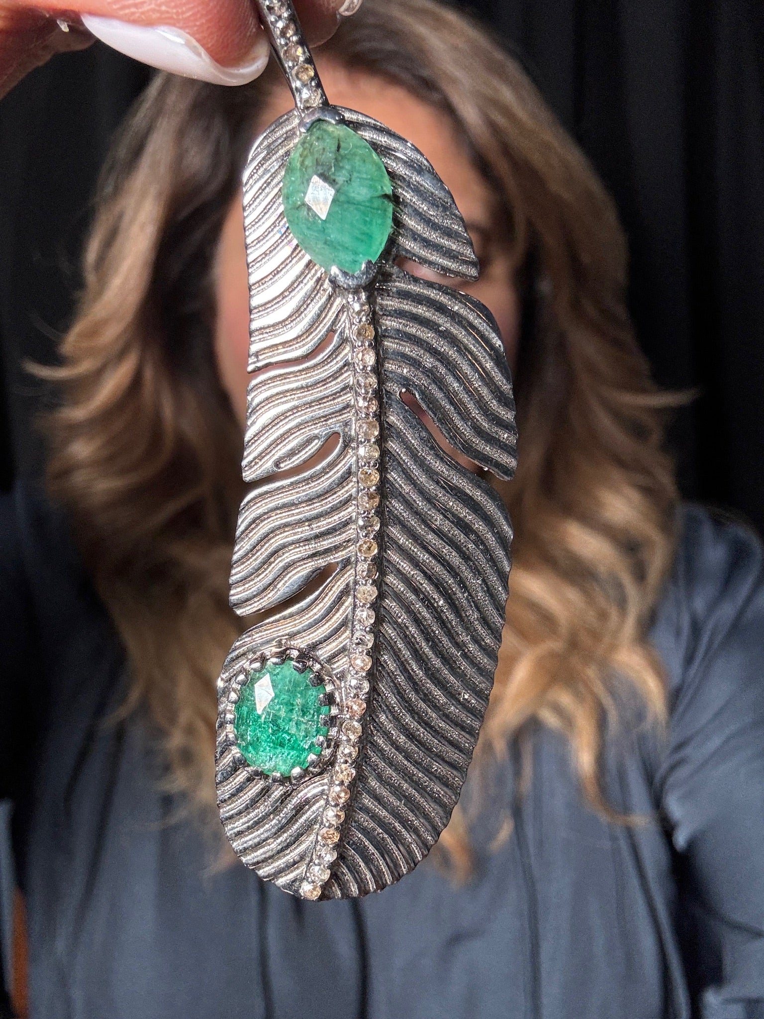 Raw Green Emerald and Diamond Feather Pendant | Ulka Rocks