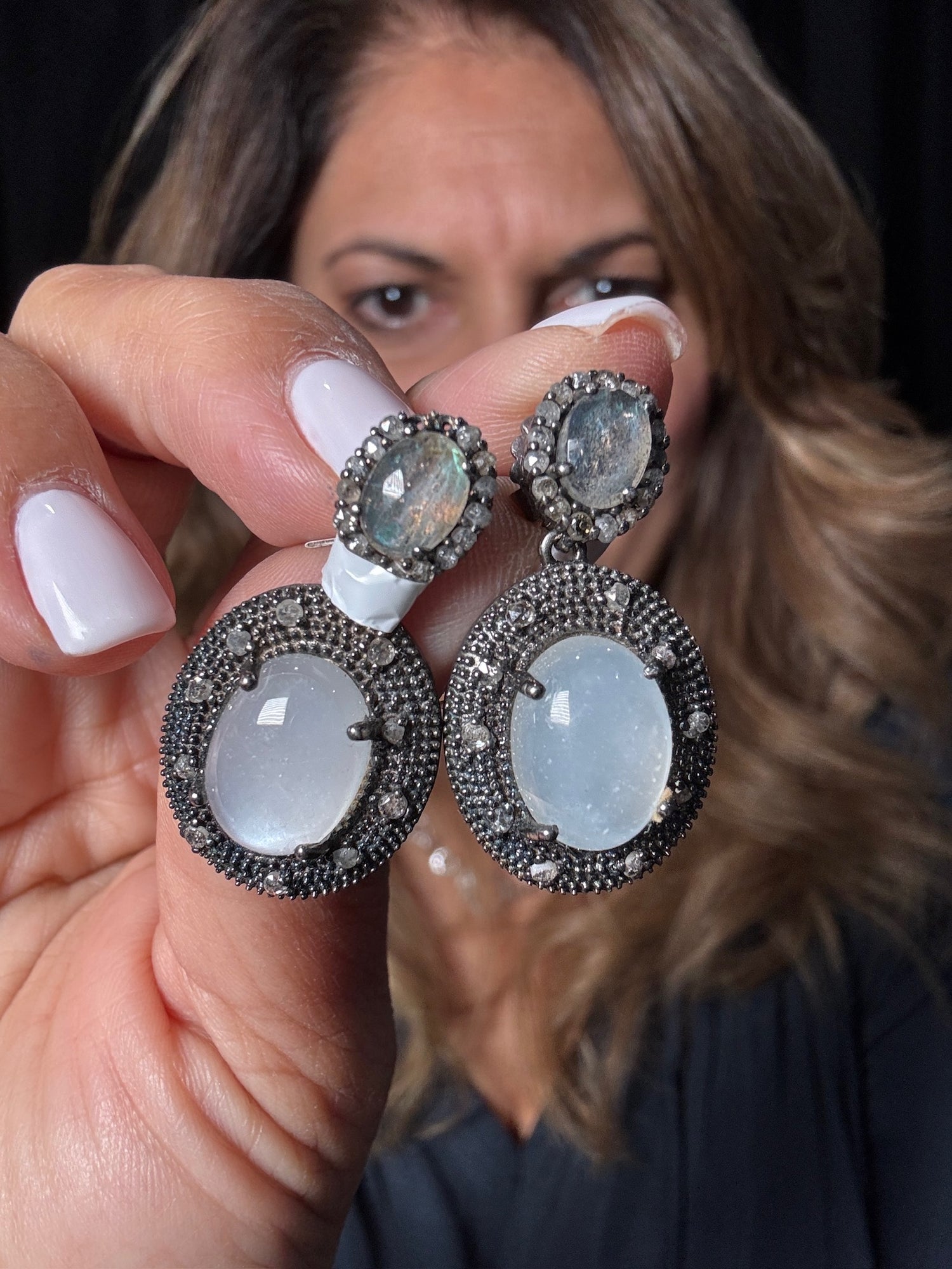 Diamond and Labradorite and Moonstone earrings in Sterling Silver by Ulka Rocks