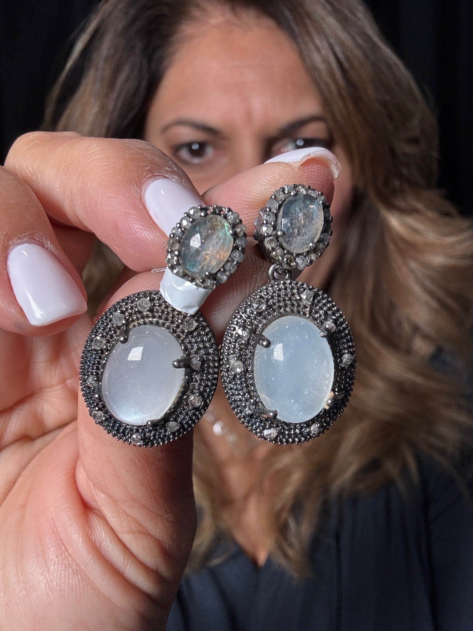 Opaque Moonstone, Blue Labradorite, and Colored Diamond Earrings | Ulka Rocks