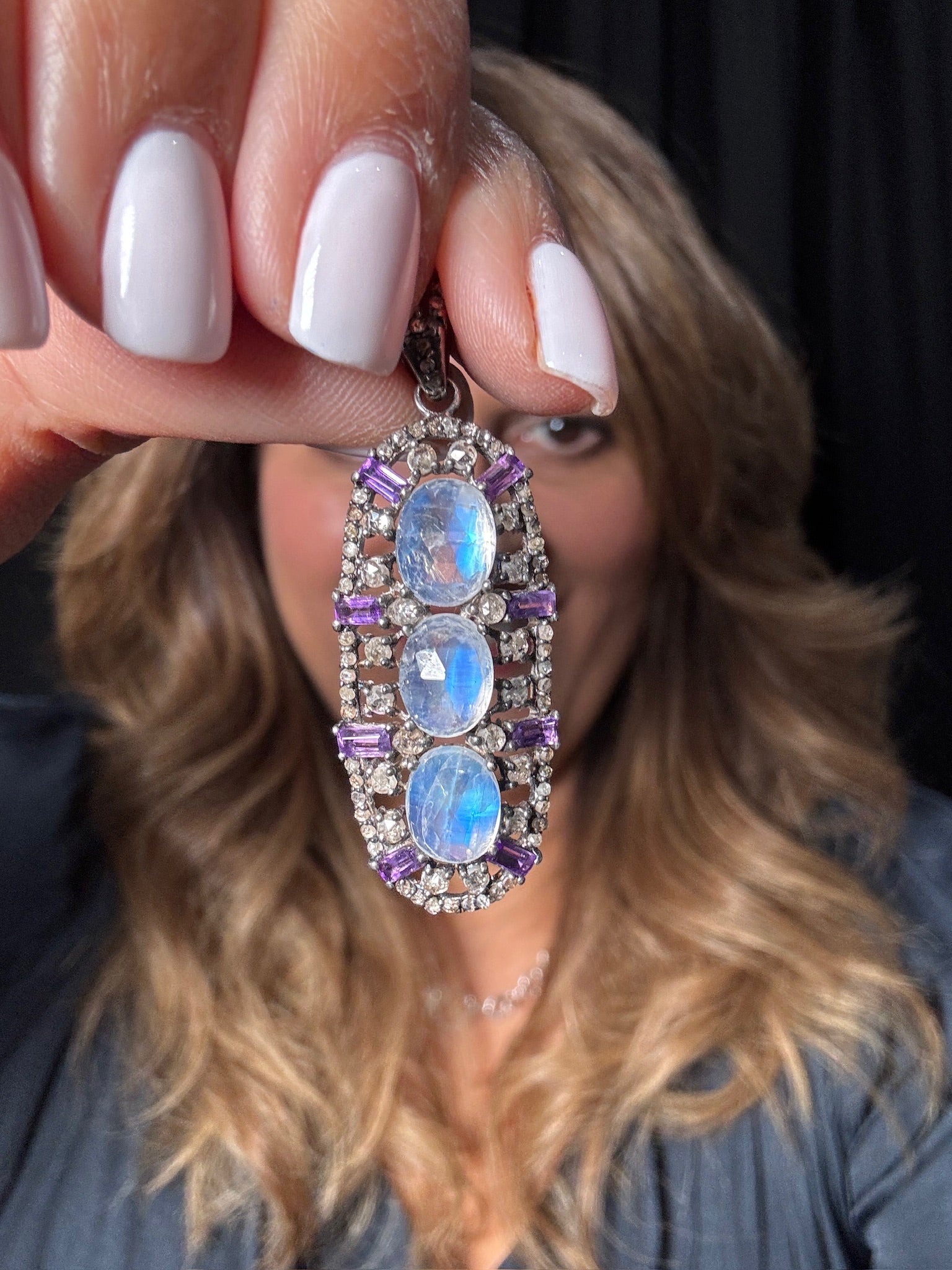 Rainbow Moonstone and Clear Amethyst Pendant | Ulka Rocks