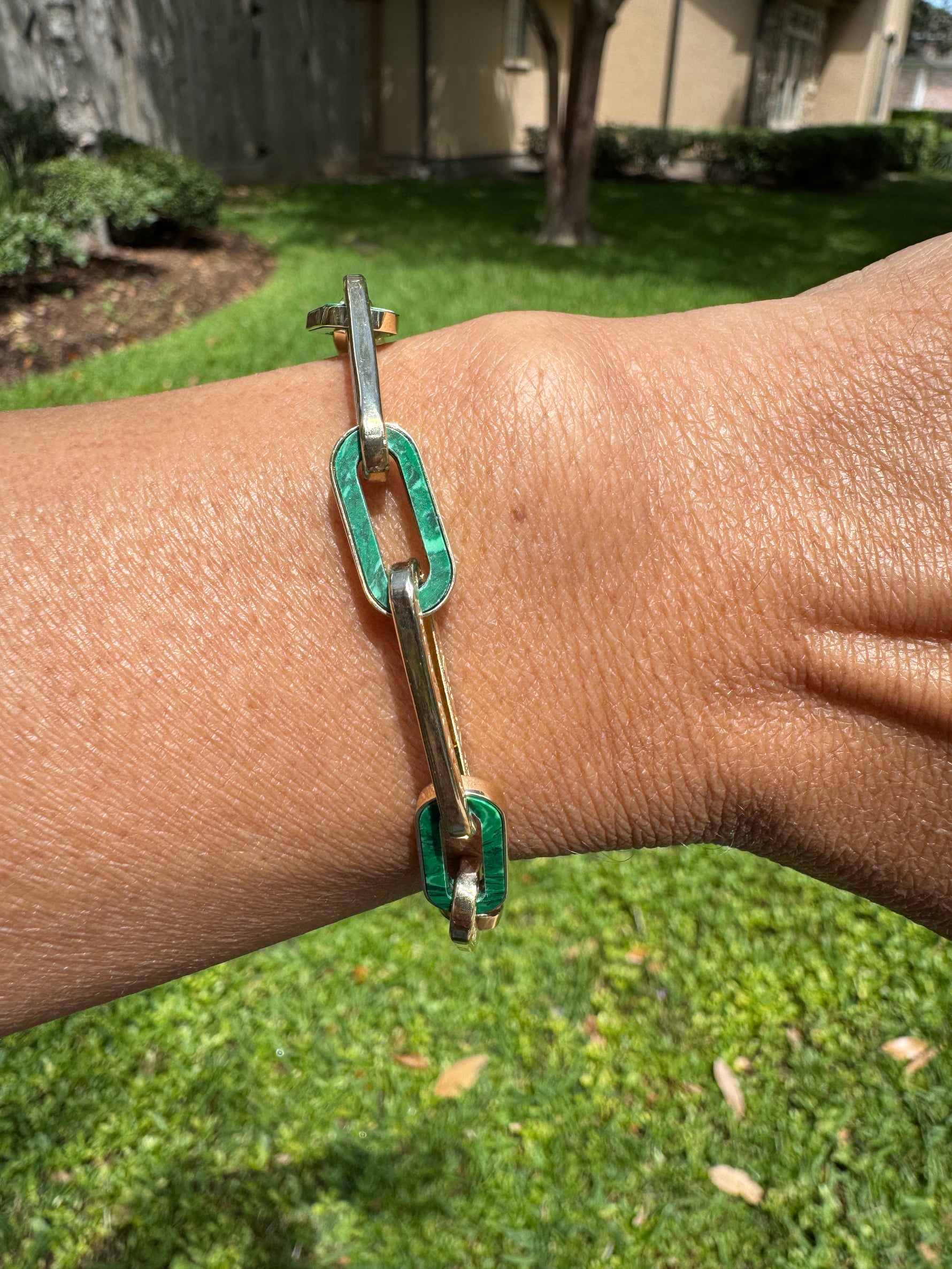7" Green Malachite Flower Etched Bracelet in 14K Gold | Ulka Rocks