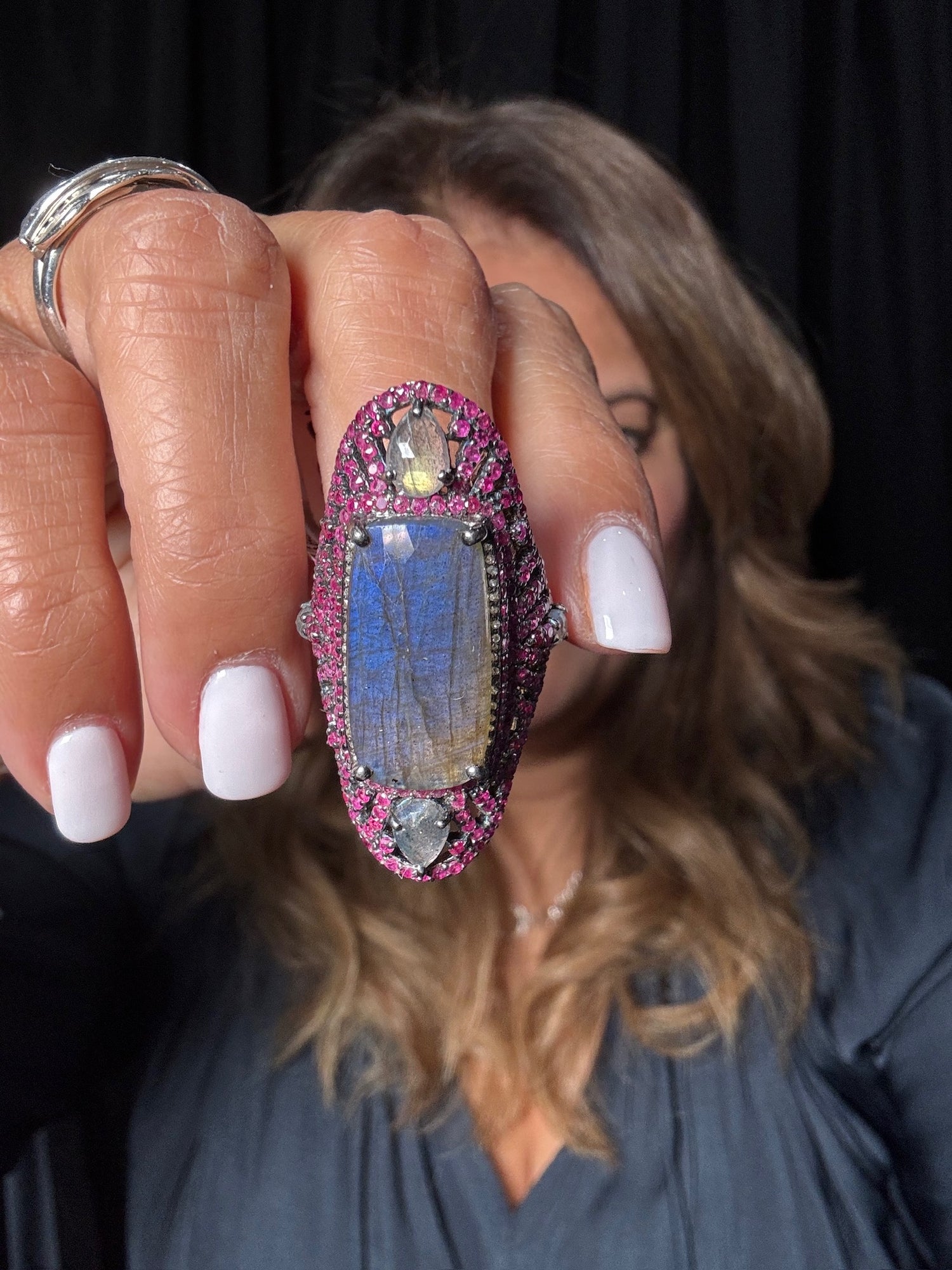 Diamond and Labradorite and Ruby ring in Sterling Silver by Ulka Rocks