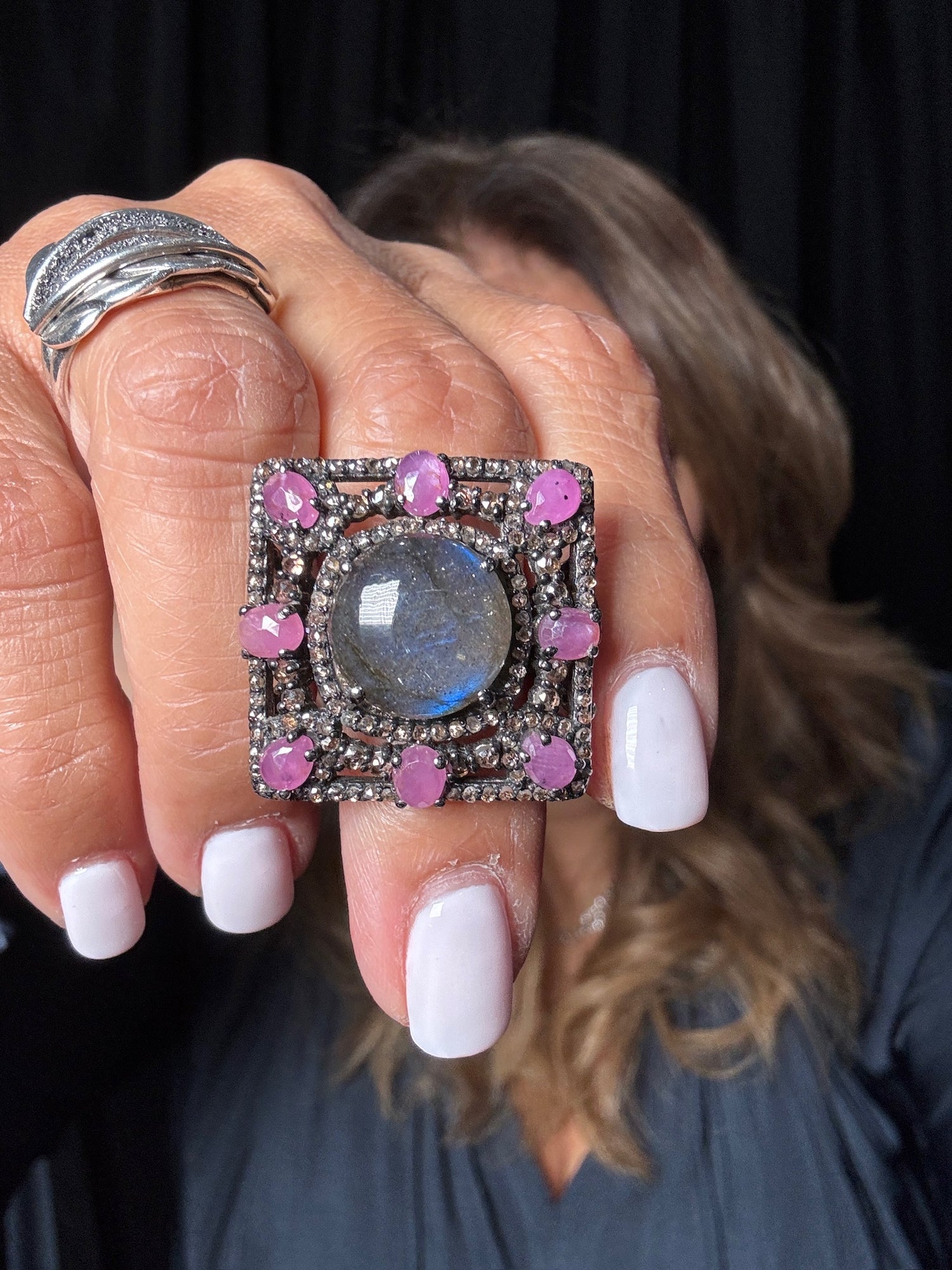 Diamond and Labradorite and Sapphire ring in Sterling Silver by Ulka Rocks