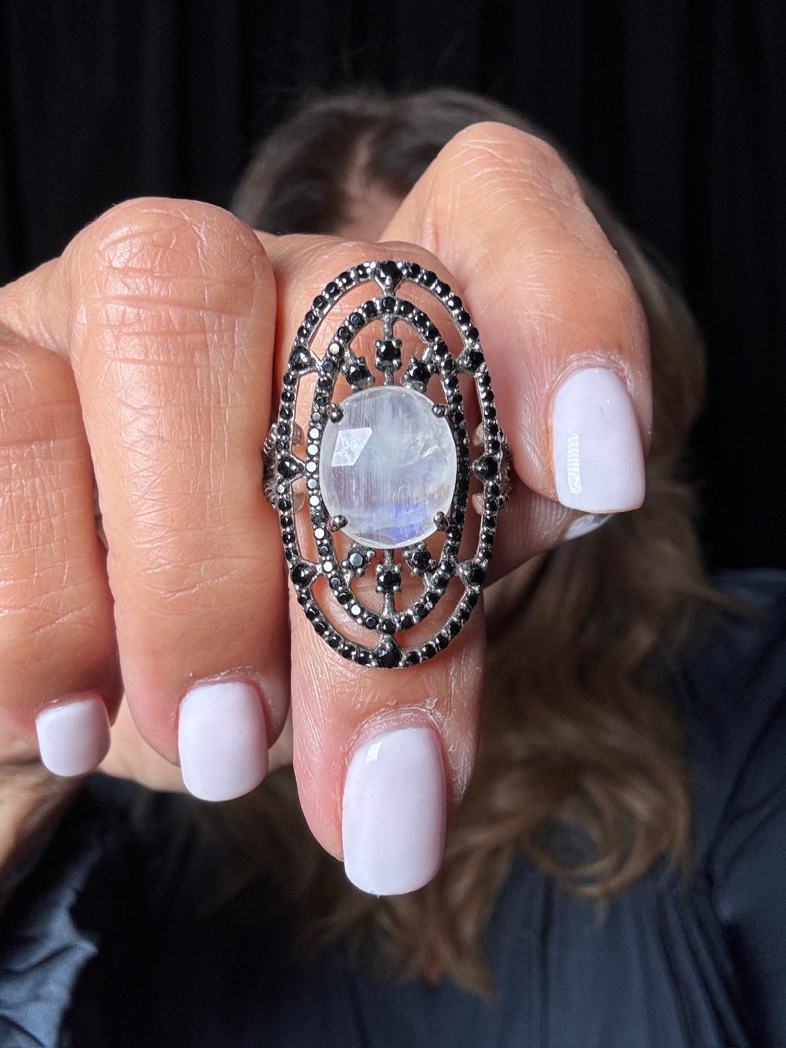 Black Spinel and Diamond and Moonstone ring in Sterling Silver by Ulka Rocks