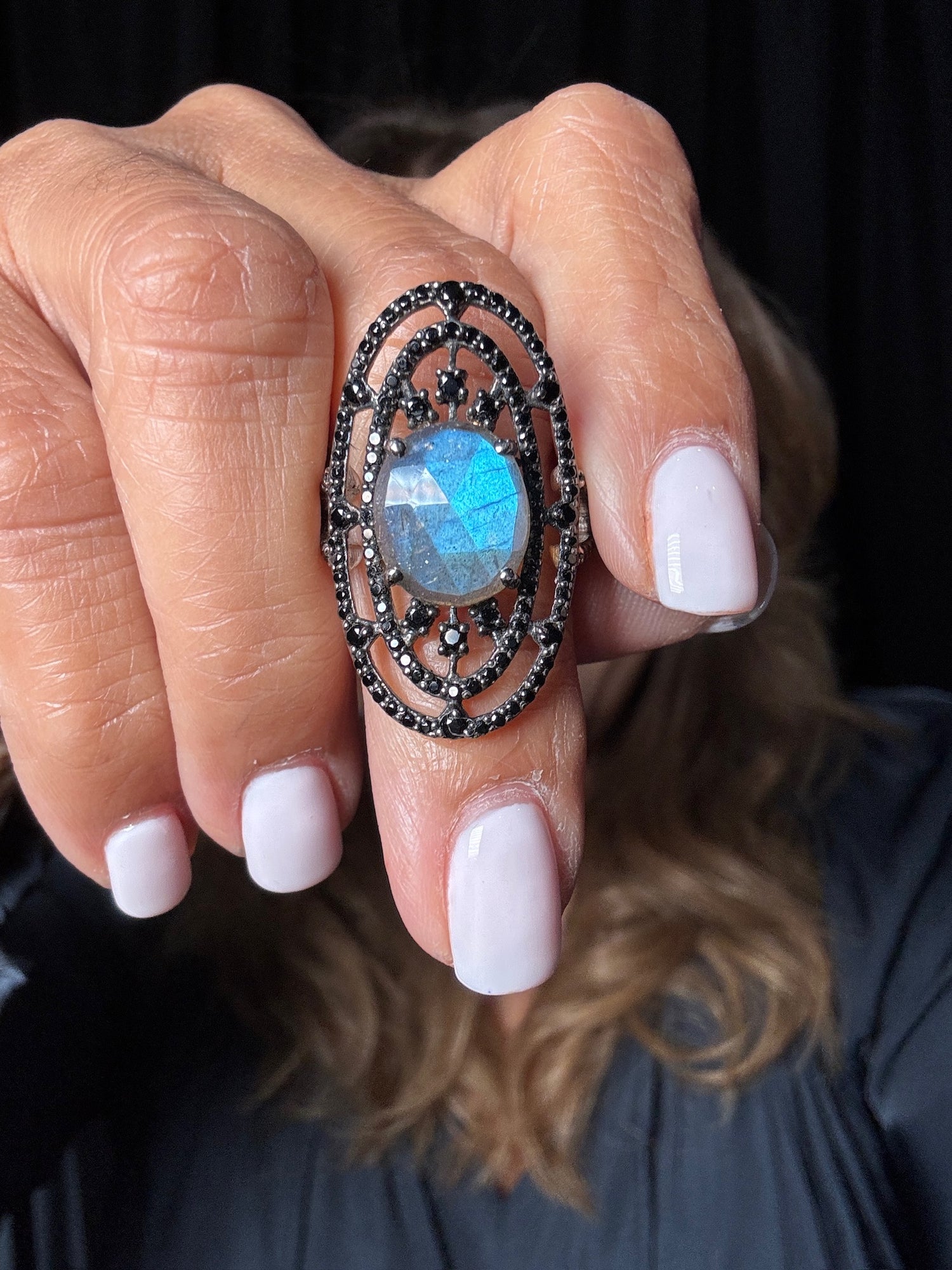 Black Spinel and Diamond and Labradorite ring in Sterling Silver by Ulka Rocks