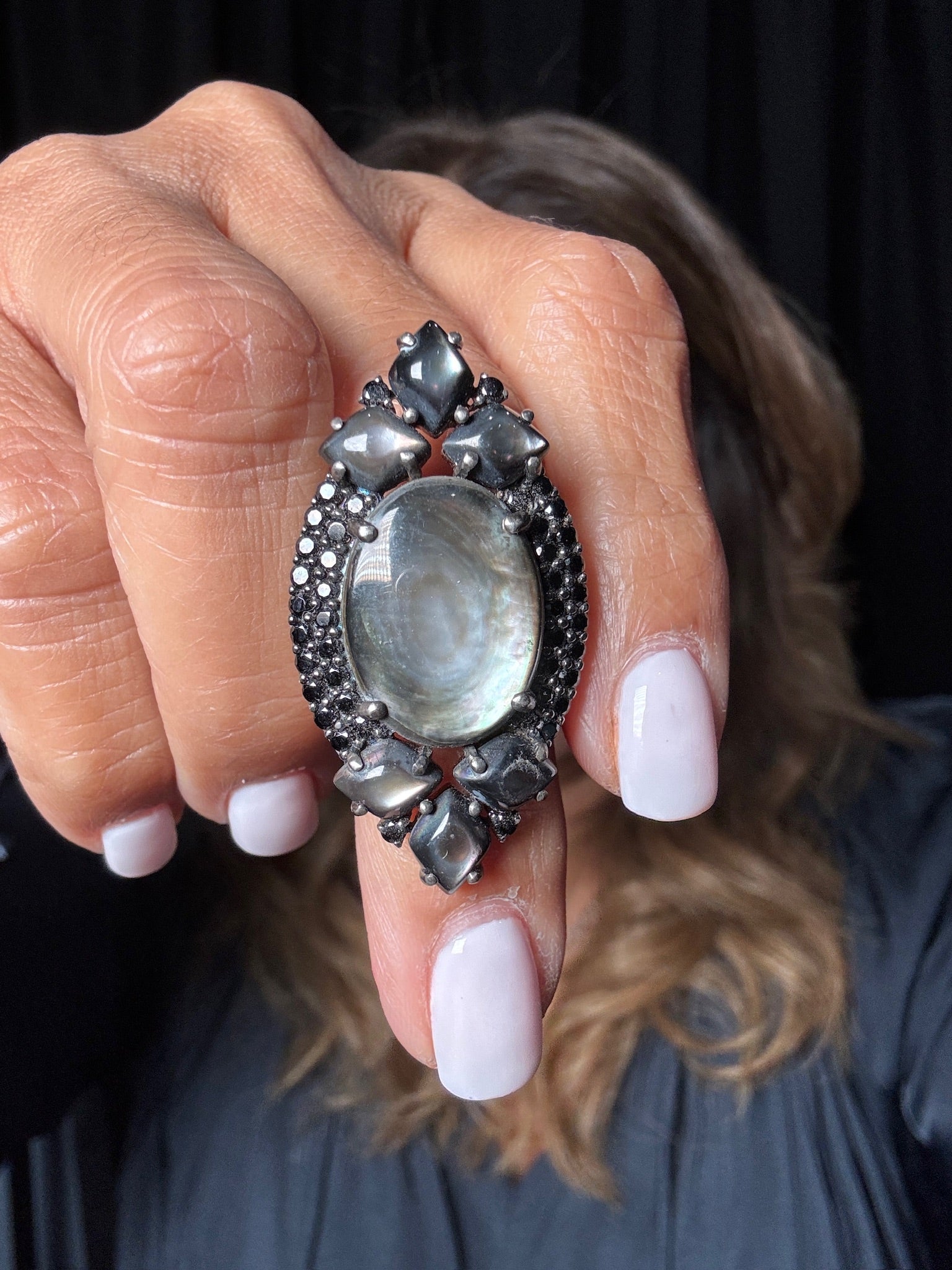 Black Spinel and Mother of Pearl and Diamond ring in Sterling Silver by Ulka Rocks