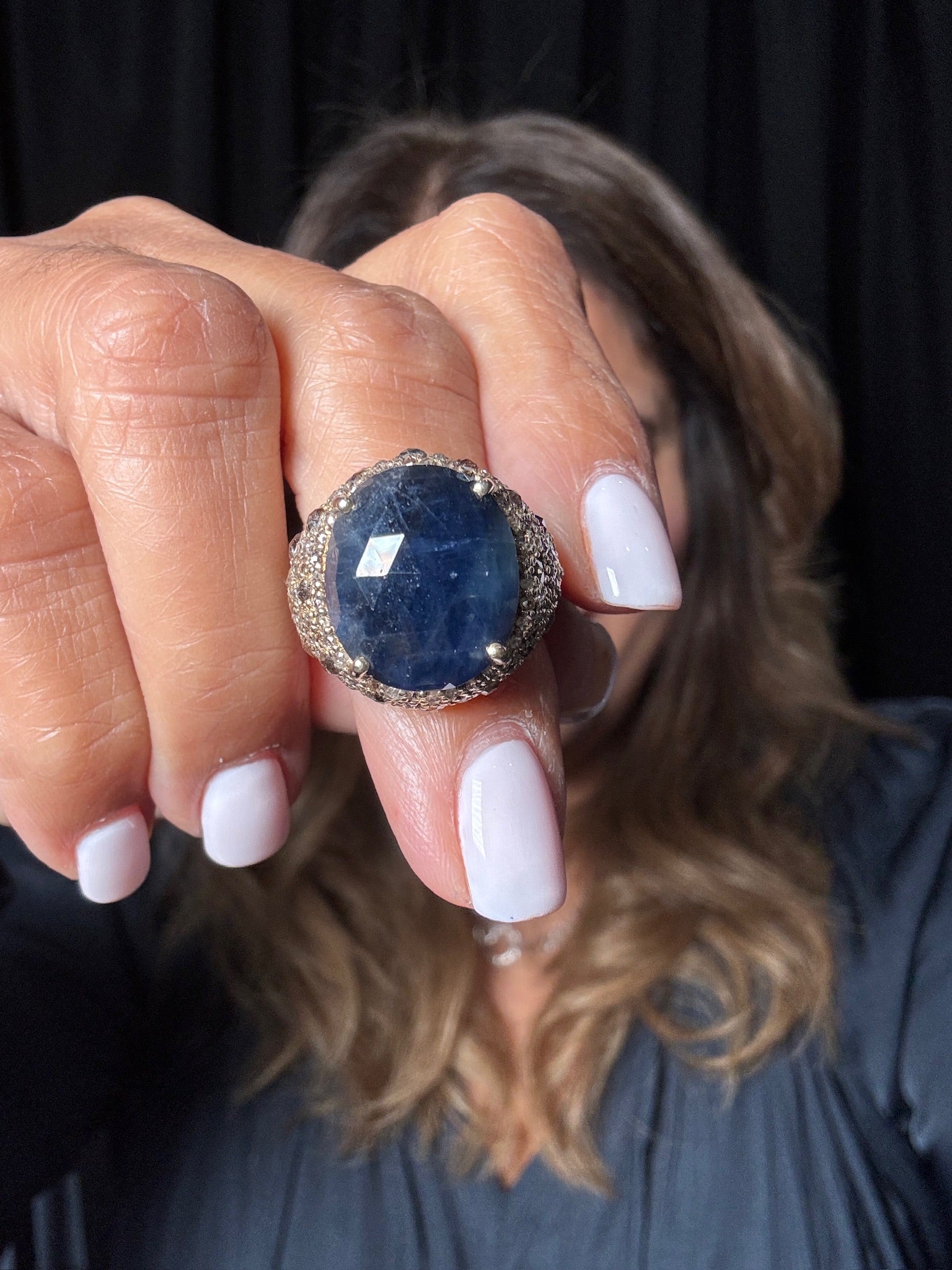 Blue Sapphire and Colored Diamond Gold-plated Silver Ring | Ulka Rocks