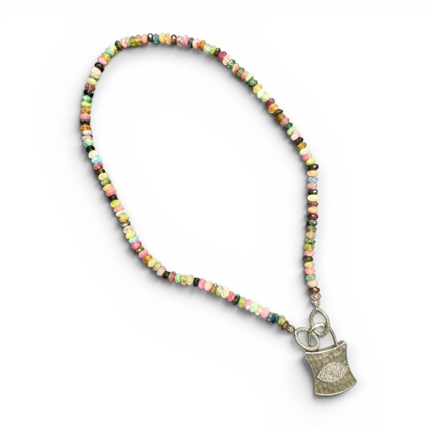 17" Multicolor Tourmaline Necklace with Diamond Lock Pendant | Travel-Ready Jewelry | Bold Color with Personal Meaning
