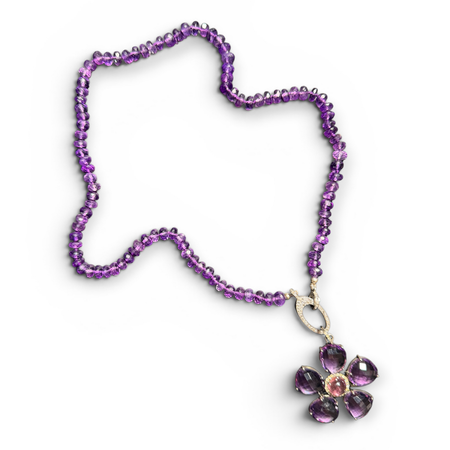 18" Amethyst Necklace with Diamond Clasp & Amethyst Flower Pendant | Statement Style | Bold & Intentional Jewelry